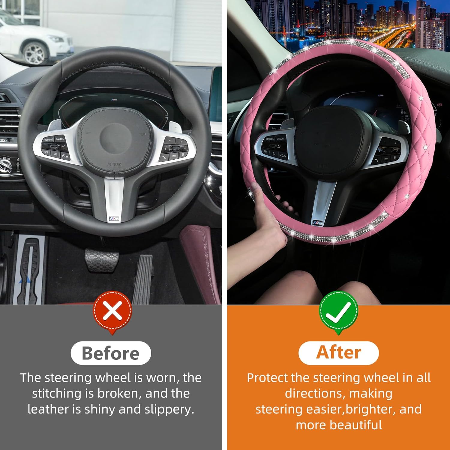 Diamond Steering Wheel Cover，14.5-15 Inch Car Steering Wheel Cover with Bling Crystal Rhinestone，Delicate and Anti-Slip Sparkly Car Wheel Protector for Women Girl，Pink - Image 7