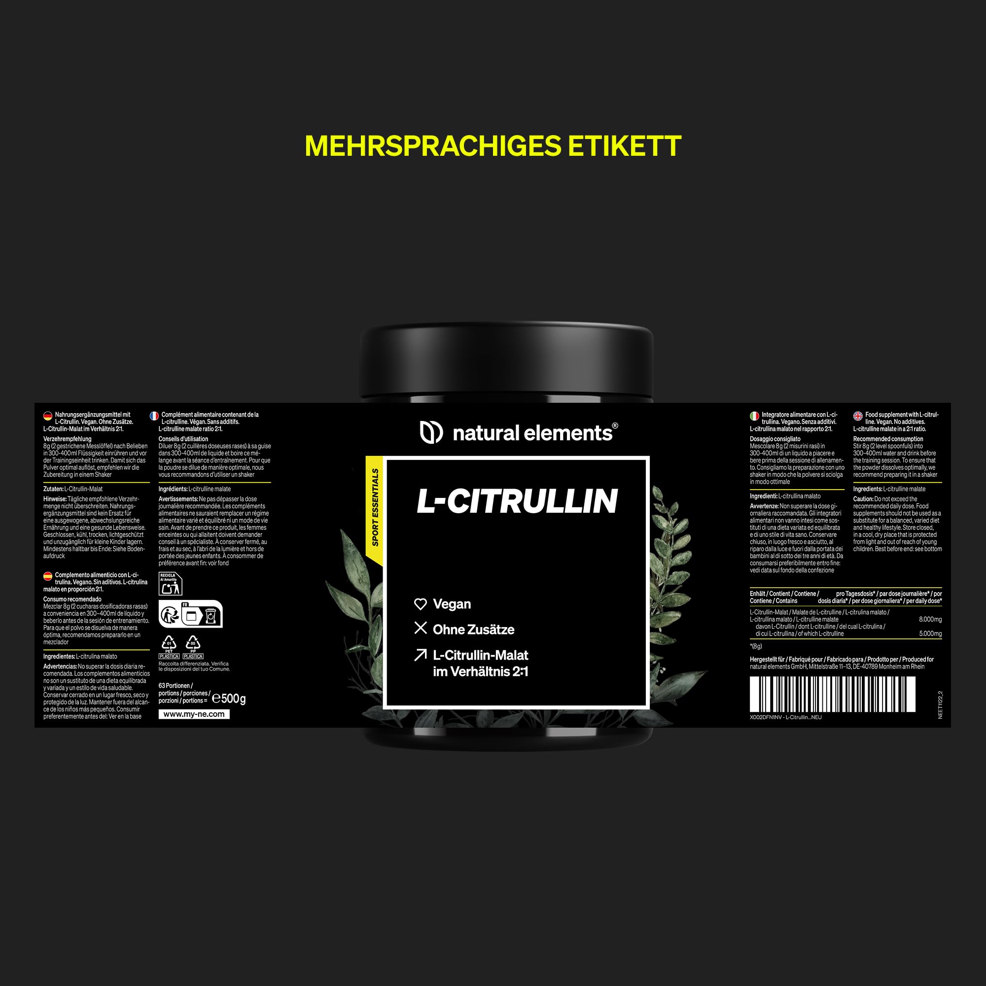 natural elements L-Citrullin Malat Pulver 2:1 – 500g Pulver – ideal vor dem Sport – vegan, hohe Reinheit, hochdosiert, ohne Zusätze – in Deutschland entwickelt & laborgeprüft