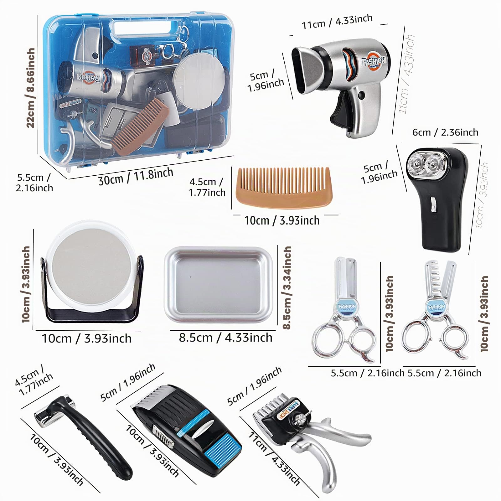 deAO Estilismo y Peluquería Juego de Barbero a la Moda, Piezas de salón de Belleza, Juego de Simulación de Peluquería con Secador de Pelo y Otros Accesorios, Kit de Maquillaje Simulado para Niños
