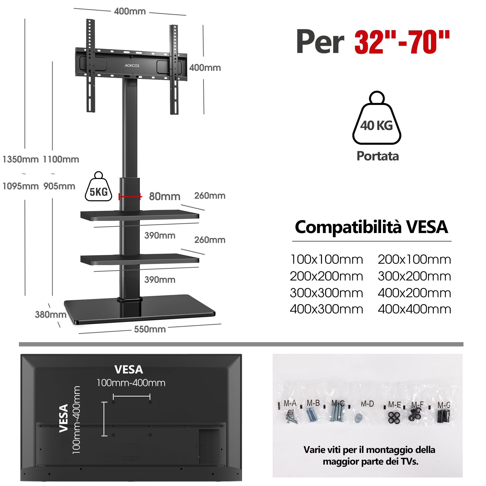 AOKCOS Supporto TV da Pavimento Inclinabile per 32-70 Pollici, Girevole Altezza Regolazione Porta TV da Terra con 2 Mensola, Max VESA 400x400mm 40kg