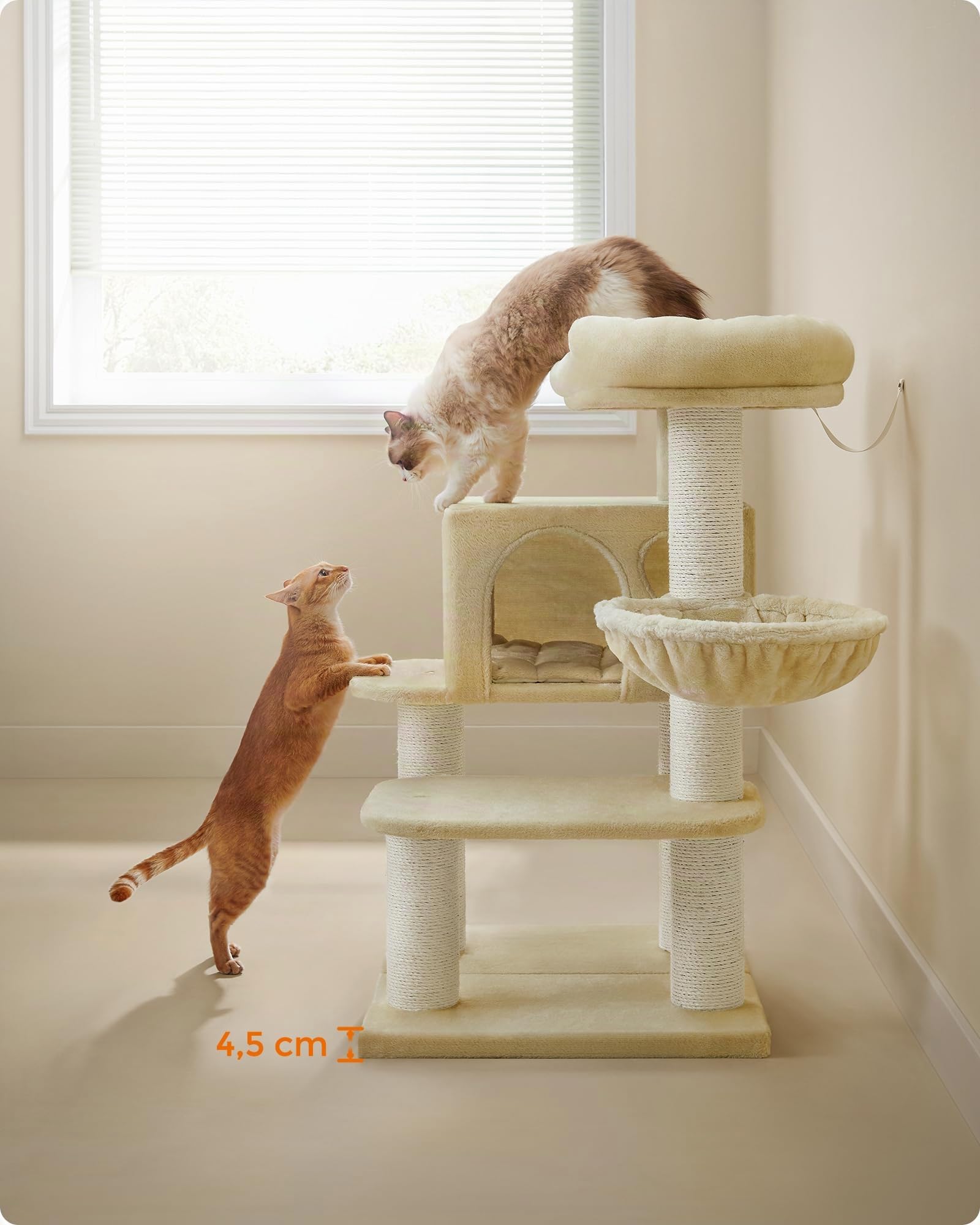 FEANDREA Árbol para Gatos, con Plataforma de Observación XXL, Tumbona de la Cesta y Cueva Grande, Postes Gruesos Envueltos en Sisal, Estable, Beige PCT01M