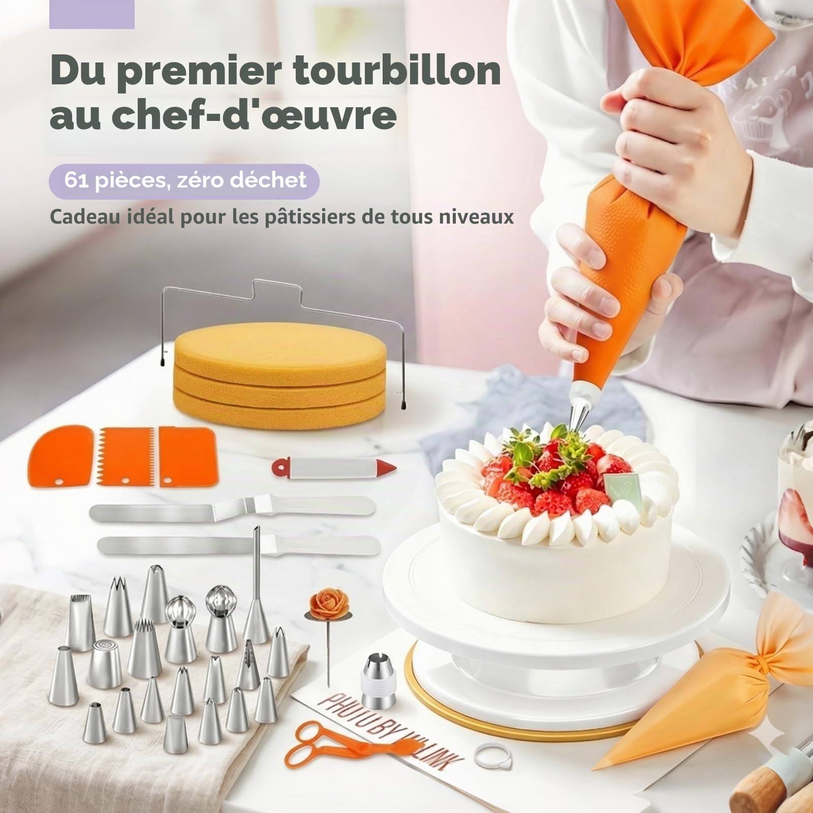 Kit Patisserie Professionnel 61 Pièces avec 27.5cm Plateau Tournant Patisserie et 20 Douilles,Patisserie Accessoire avec Lisseur Gateau Patisserie,Coupe Gâteau,pour Débutants et Professionnels