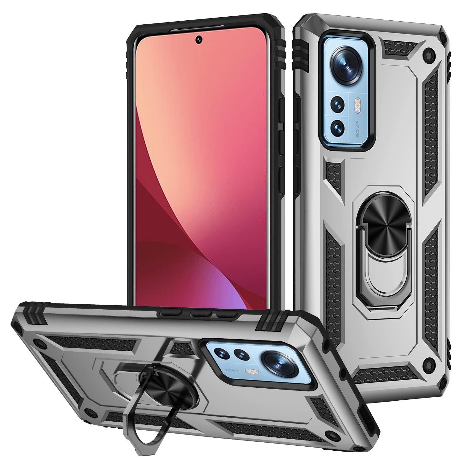 SORAKA Cover Per Xiaomi 12/12X Con Anello Porta E Piastra Metallica - Custodia In TPU Morbida, Ultrasottile, Anticaduta, Per Supporto Magnetico Auto (Nero/Rosso/Blu) - 4