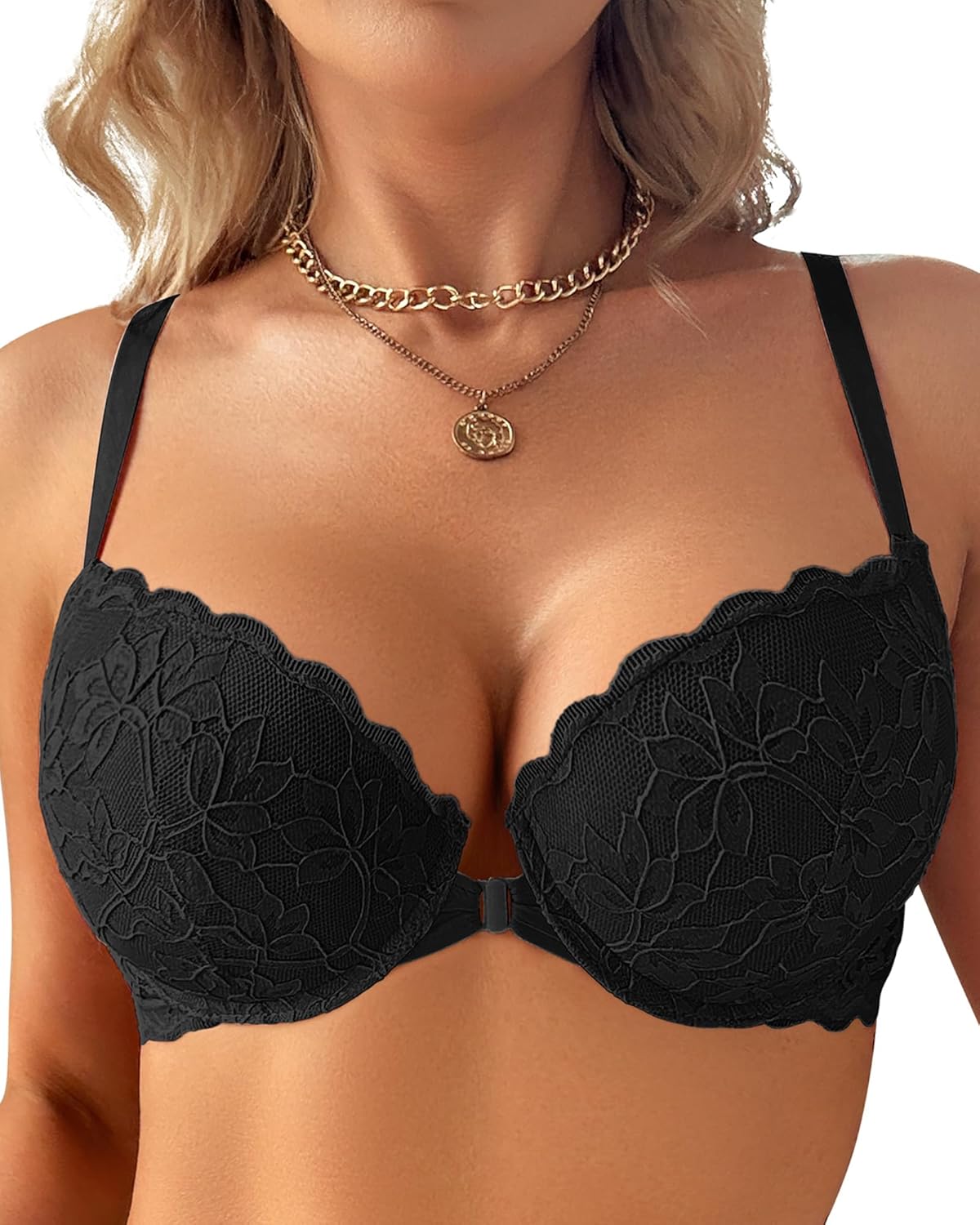 Women's Front Closure Bra Sexy Lace Lightly Padded Bra Uplift Comfort Underwire - Image 6