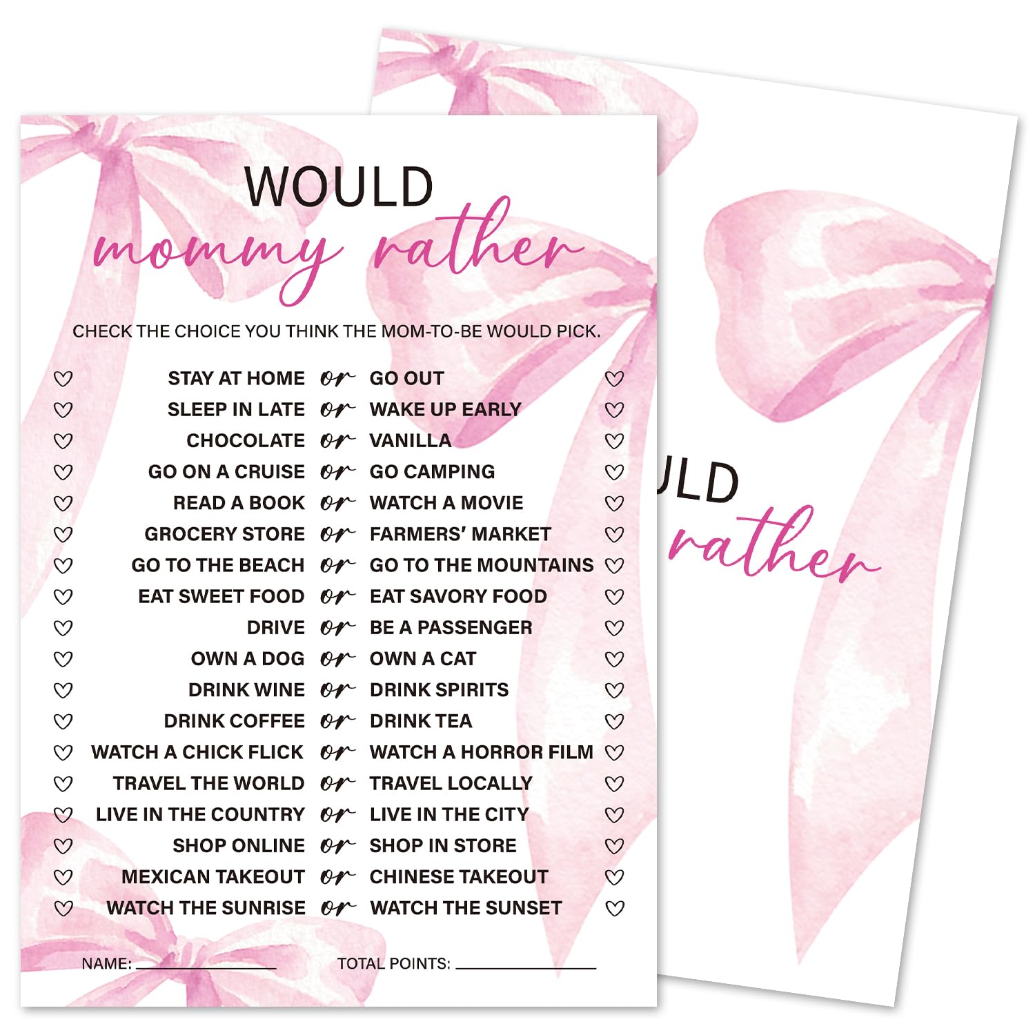 Would Mommy Rather Game Cards for Baby Shower Games Activity, 30 Pink Bow Baby Shower Game Cards, Gender Reveal Party Games Supplies & Activities -P08