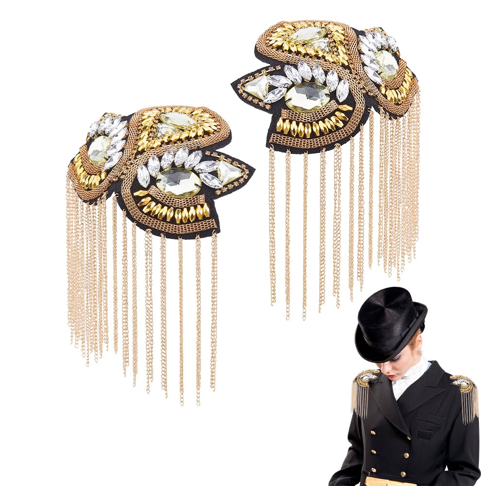 SUPERFINDINGS 2 pz Spalla Spallina Perline di Cristallo Catena Dorata Staccabile Ferro Nappa Spalline Retro Strass Spalla Badge con Spilla Vestito Medaglia Accessori