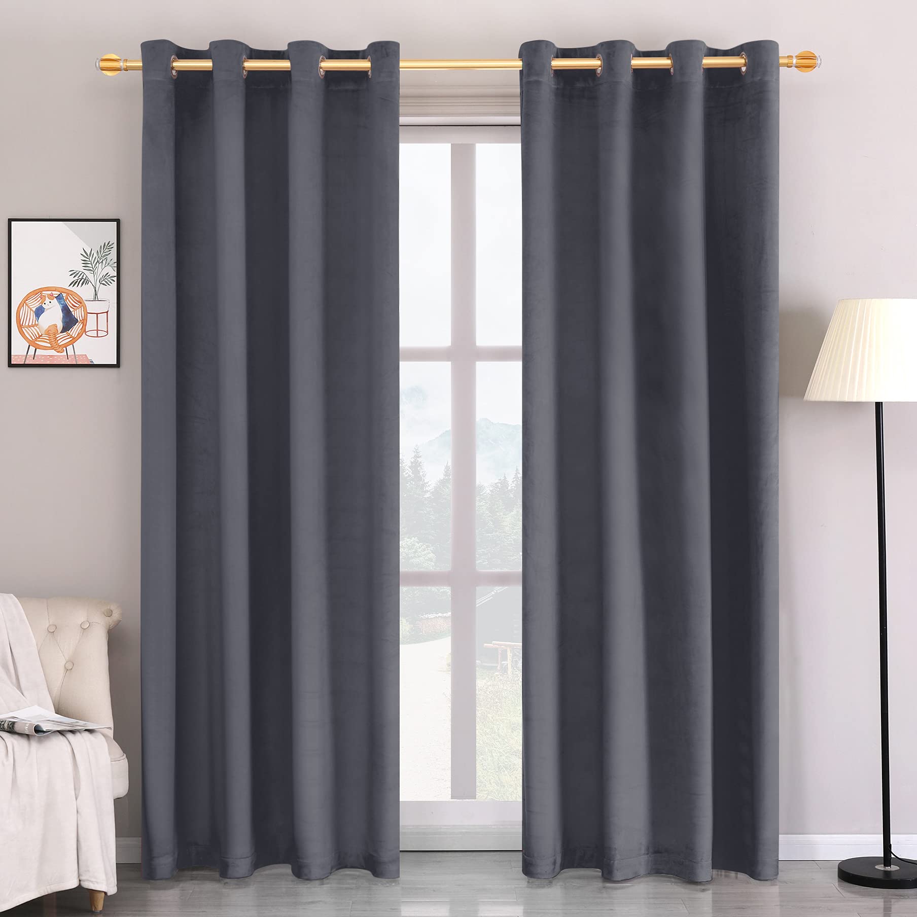 Roy Lei Super Soft Luxury Velvet Curtains for Living Room Light Blocking Velvet Curtain Panels Privacy Grommet Window Drapes for BedroomSliding Glass Door, 2 Panels (Dark Grey), 52 in x 63in (W x L)