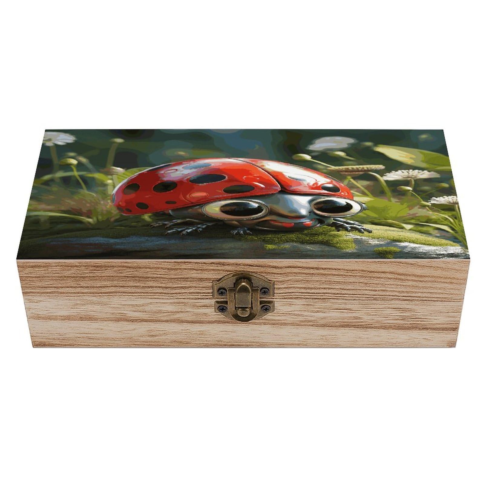 JTREHY Cartoon Ladybug Wooden Keepsake Box Vintage-Style Wood Keepsake Case with Hinged Lid Solid Wood Boxes Beautifully Memory Treasure Case Vintage-Style Wooden Storage Box