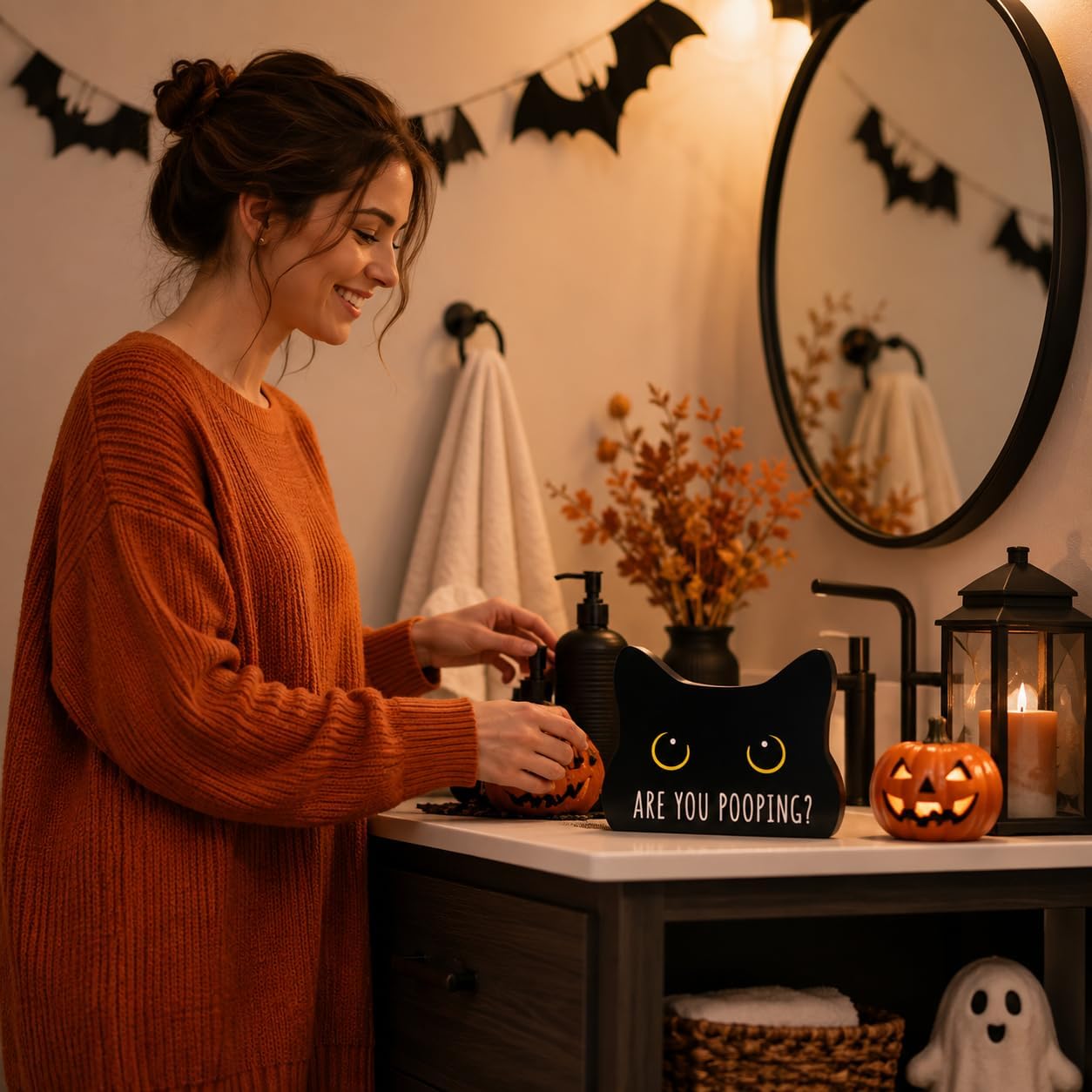 Funnysign Cat Lovers Gifts Black Cat Decor Are You Pooping Humorous Acrylic Sign for Halloween Home Bathroom Party Decor 5 x 4 Inch