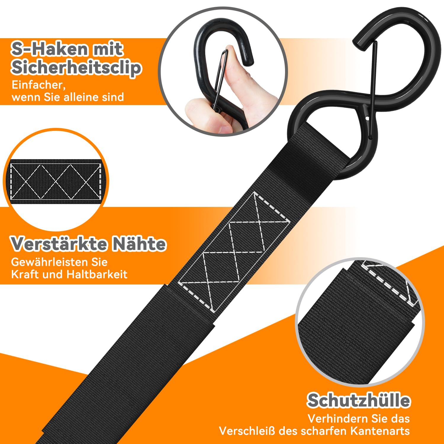 Sangle à cliquet 4 pièces Resistance 1500kg, Ohuhu 4,6m x 4cm Sangle d'arrimage avec Crochets sécurisés et plastifiés et 4 Boucles Souples idéal arrimage Transport Bagages, Meubles, remorque (Noir)
