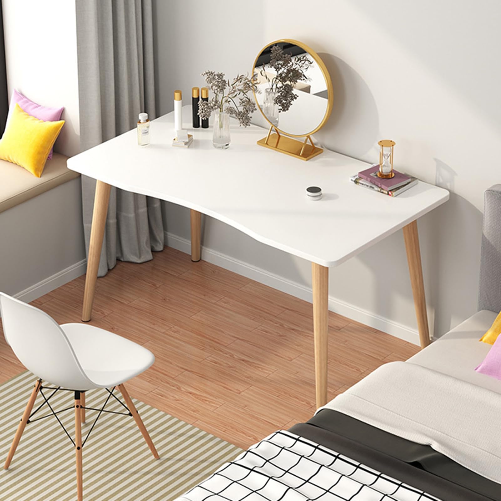 ohfruit Biurko komputerowe w stylu nordyckim z ergonomiczną krawędzią, nogi z litego drewna, przestronny stół do pisania, do domowego biura, gabinetu, 100 x 60 cm, białe