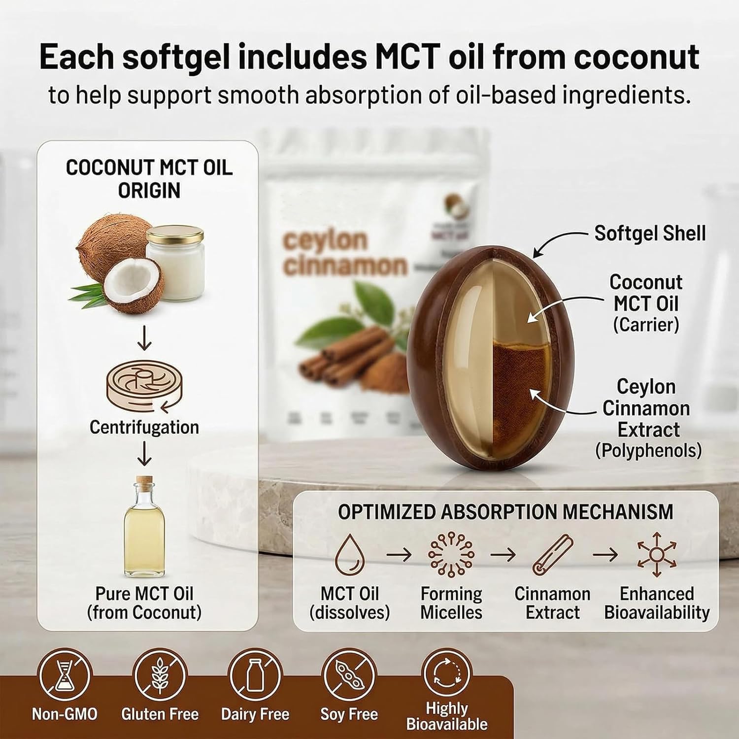 2026 New El-orita Ceylon Cinnamon Softgels con olio MCT, 300 softgel, vero integratore di cannella di Ceylon, non OGM, senza glutine, delicato supporto quotidiano per il benessere (2 pezzi)