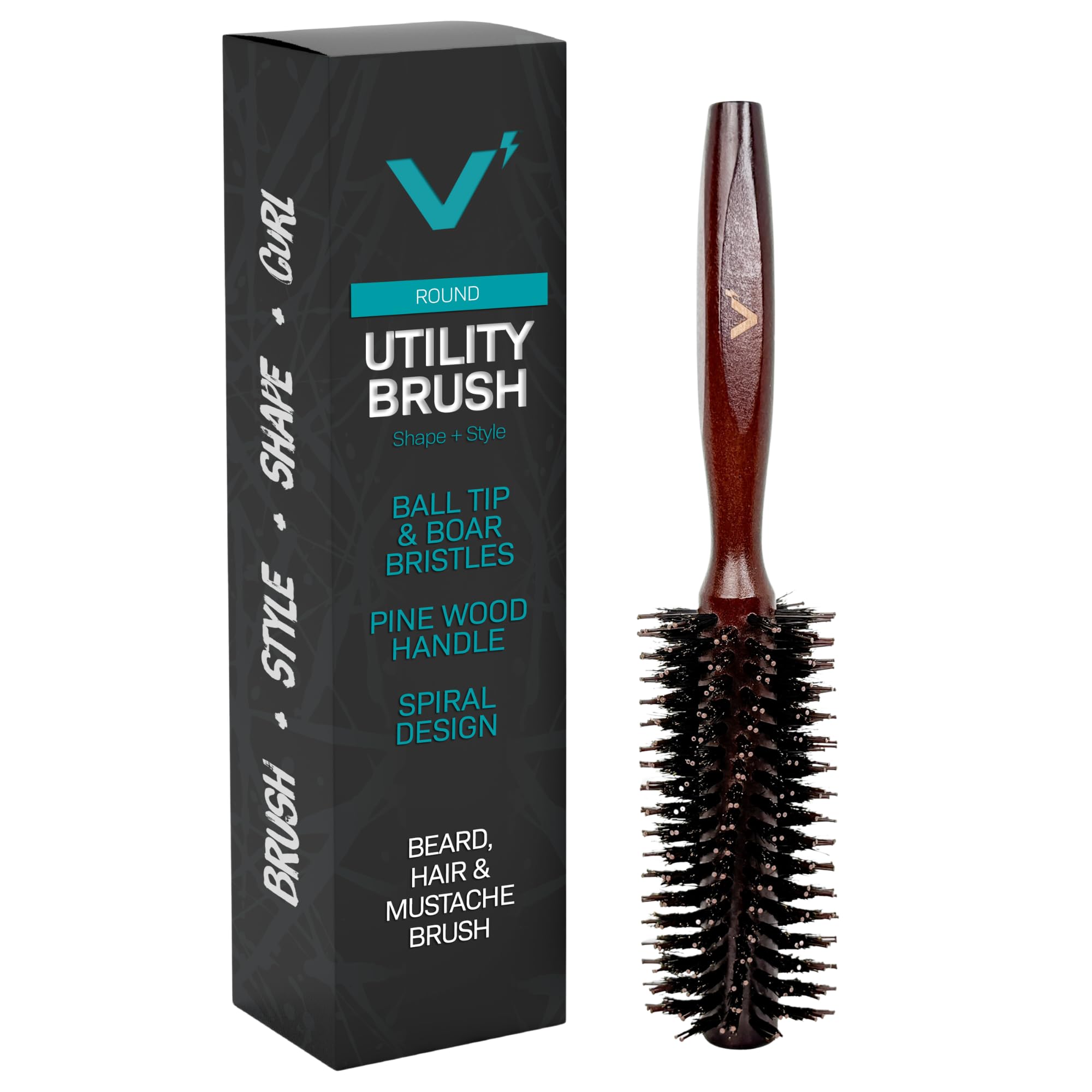 VOLT Grooming Round Hair Brush for Men with Natural Pine Wood Handle, Boar Bristles & Nylon Soft Ball Tip Bristles, All Hair Types, Detangling, Styling & Shaping Tool, For Short, Medium & Long Beards