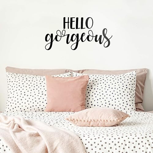 Calcomanía de vinilo para pared, Hello Gorgeous - 11 x 23 pulgadas - Calcomanía inspiradora encantadora, elegante, cursiva positiva, para el hogar,