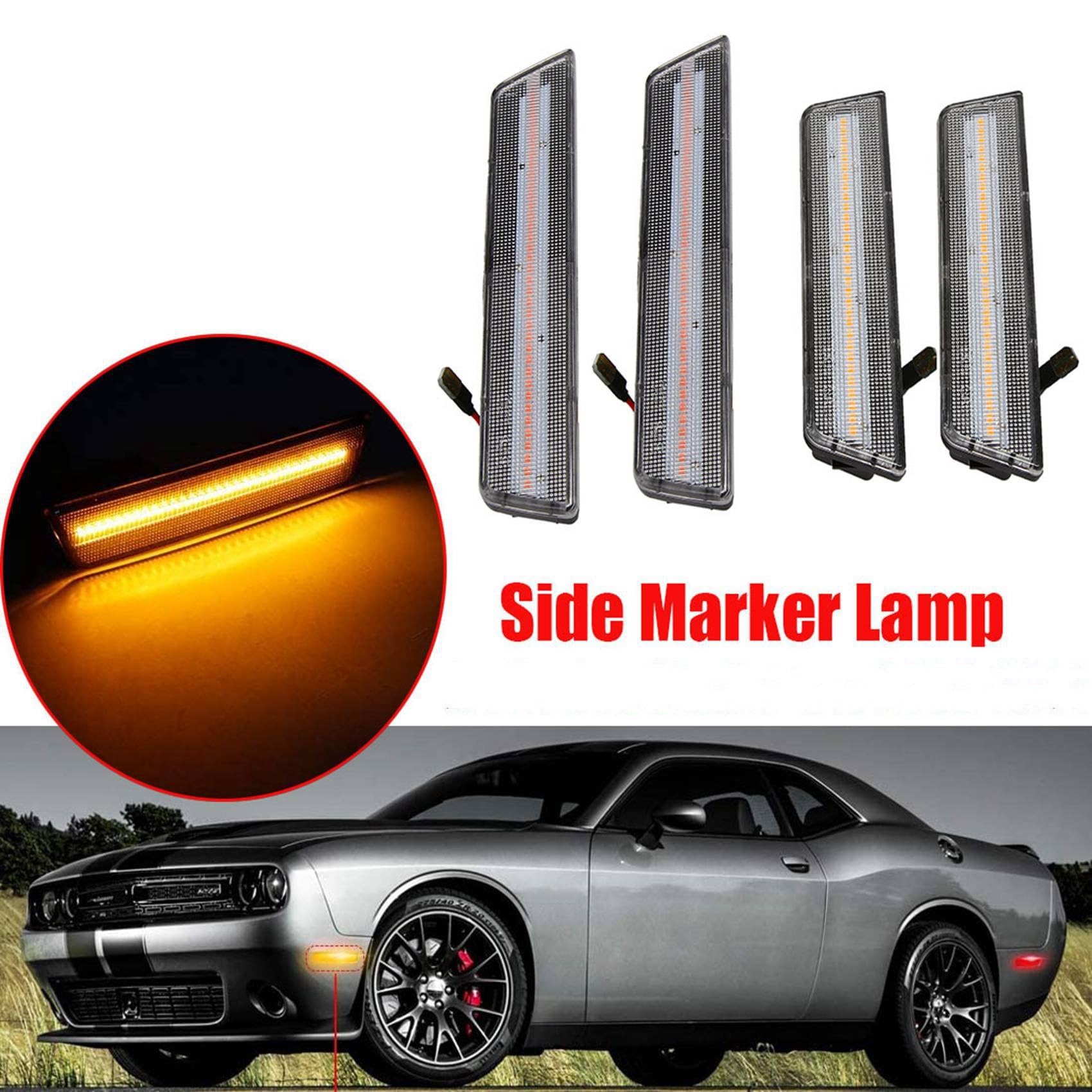 FREEZER Piloto Intermitente 4 Luces LED Intermitente Coche Luces posición Laterales (2 Delanteras: ámbar 2 traseras: Rojo) para Dodge para Challenger 2008-2014 Intermitentes Automóviles