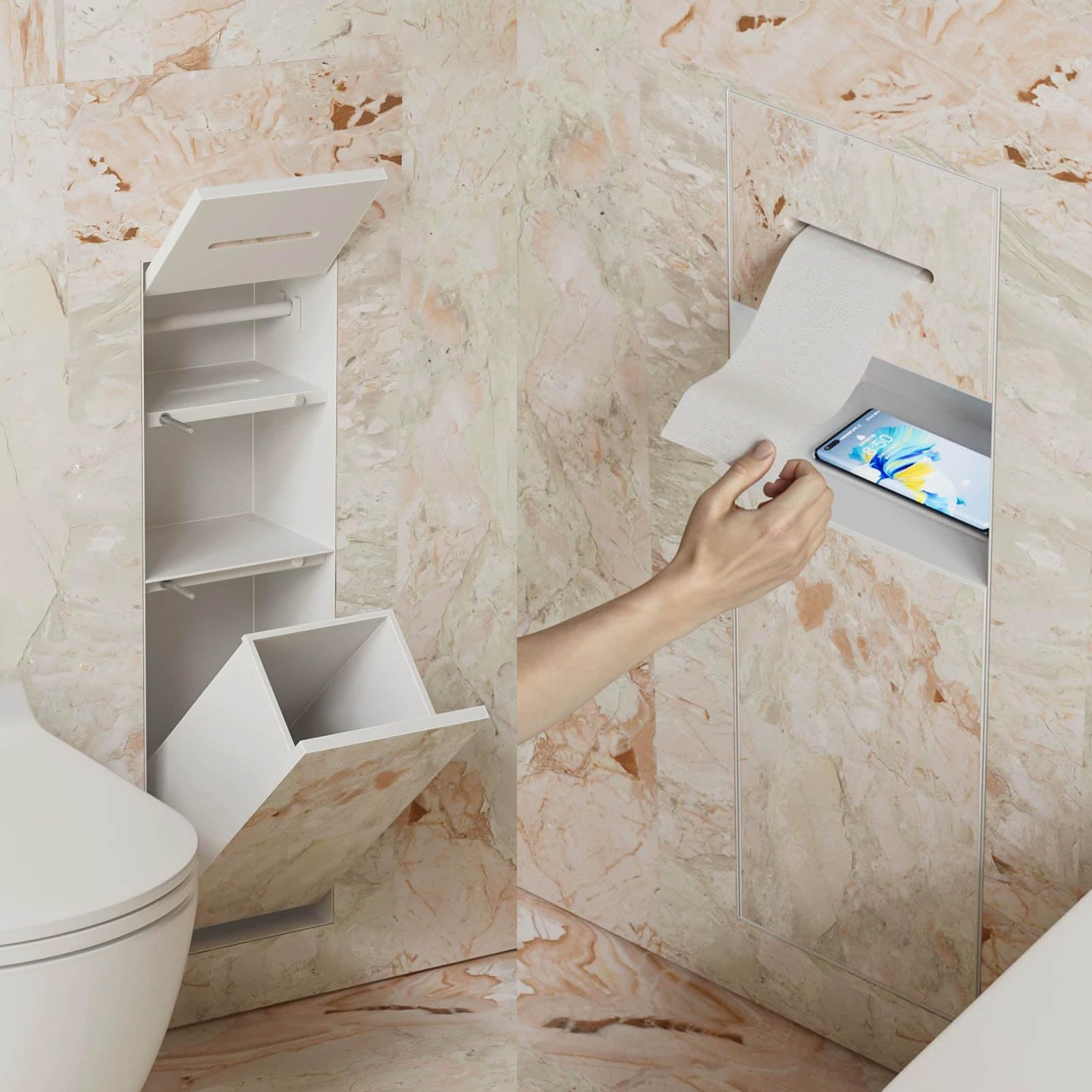 White Toilet Paper Niche, Built-In Trash Can Holder, Invisible Tileable Wall Storage Shelf, Space-Saving Recessed Shower Niche Cabinet Decorative