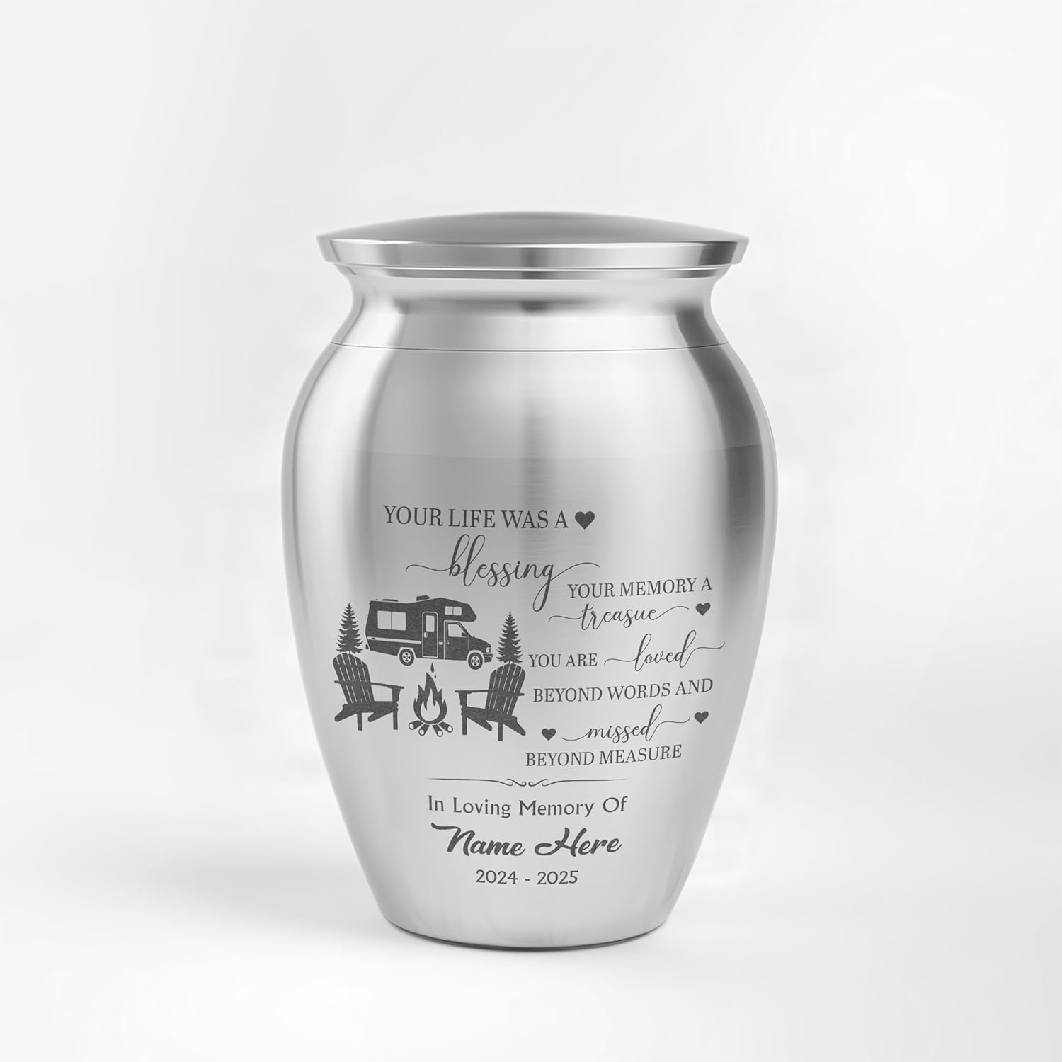 ARTSY WOODSY Personalized Forest CAMPING Outdoor Memorial Mini Urns for Human Ashes, Cremation Stainless Steel Keepsake Urns 2.56 inch Engraved, Funeral Memorial Urns for Camper Lovers (07, 2.56x1.77)