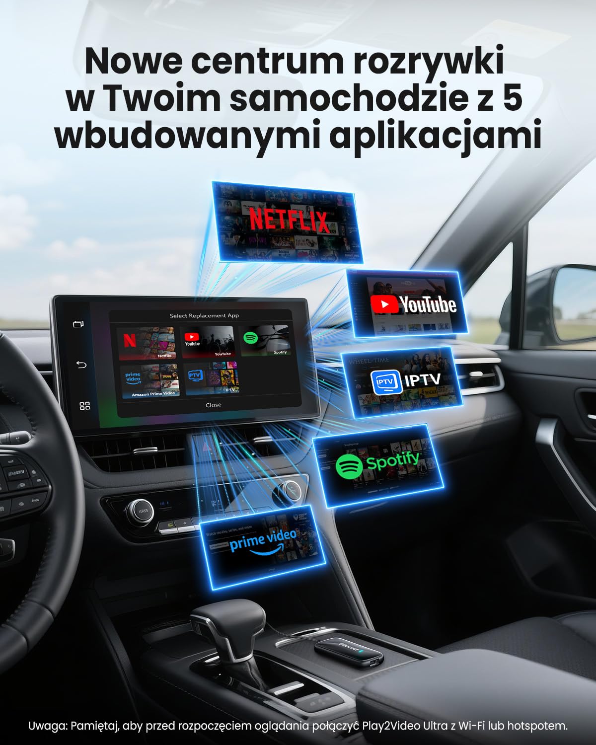 OTTOCAST Play2Video Ultra, 3 w 1 Box AI do Netflix/YouTube/Prime Video, Bezprzewodowy Adapter CarPlay i Android Auto z Pamięć USB, Dual Band Wi-Fi, Bluetooth 5.4, Niskie Opóźnienia, 4GB+32GB