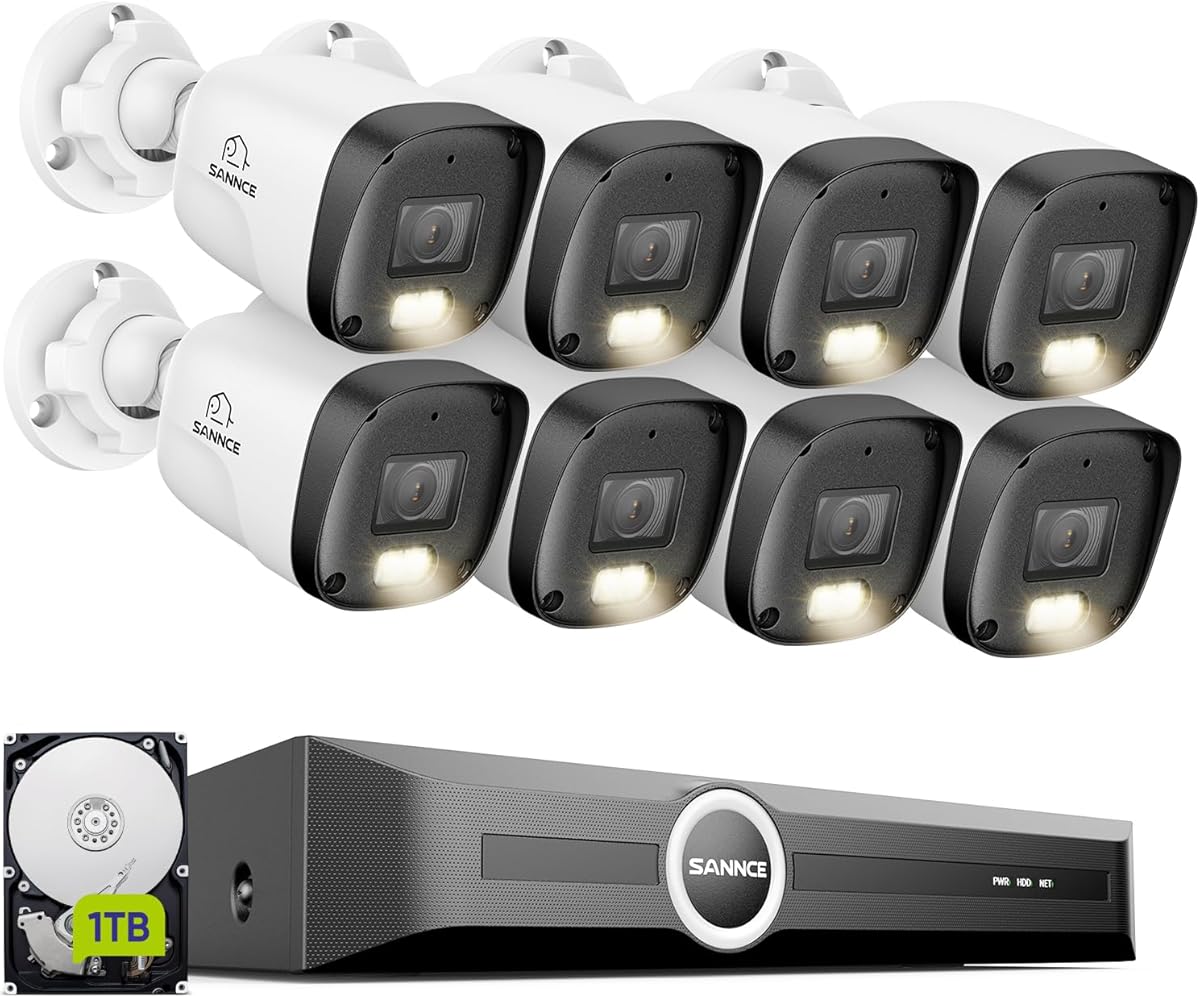 SANNCE PoE CCTV Security Cameras System 8CH, 6MP NVR 8 Channel Network Video Recorder with 8x 3MP Outdoor IP Cameras, Smart Human/Vehicle Detection, Full Colour Night Vision, Audio Recording, 1TB HDD