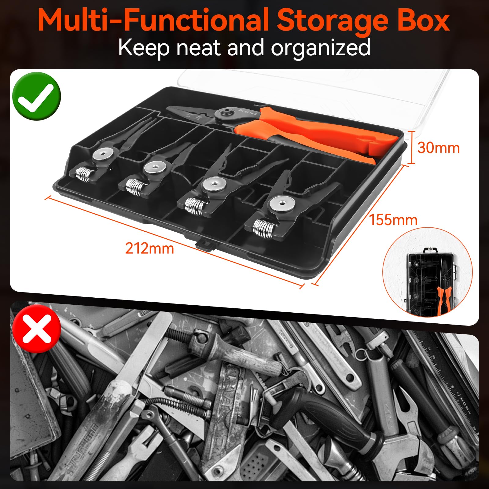 Sprengringzangen Set, Preciva Sicherungsringzange Seegeringzange Crimpzange mit Aufbewahrungsbox und 4tlg. Austauschbar Sicherungsringzangenkopf (Spitzengröße der Zangenkopf: 1.8mm)