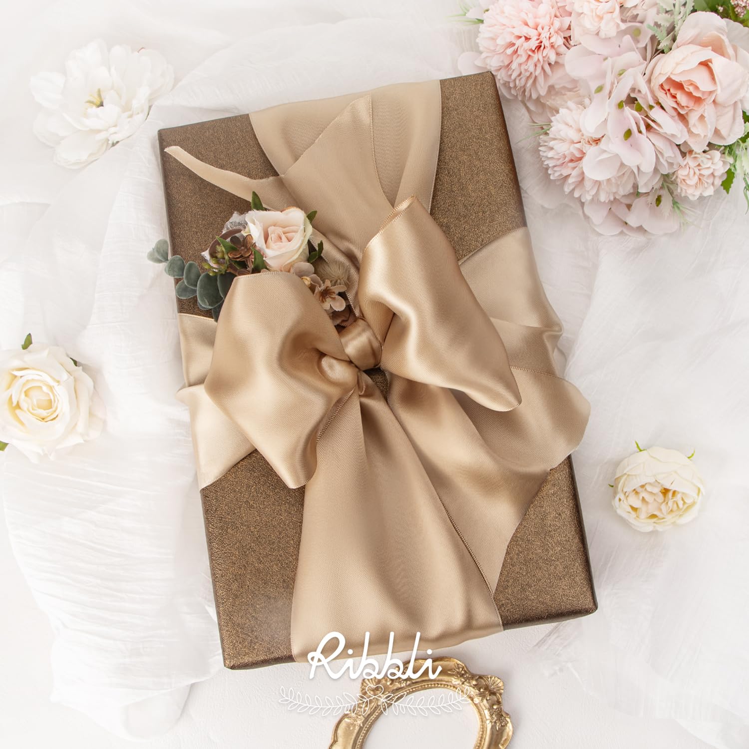 Champagne Gold Satin Ribbon - 4 Inch Wide X 22 Yards Long For Wedding & Craft Decor - View #2