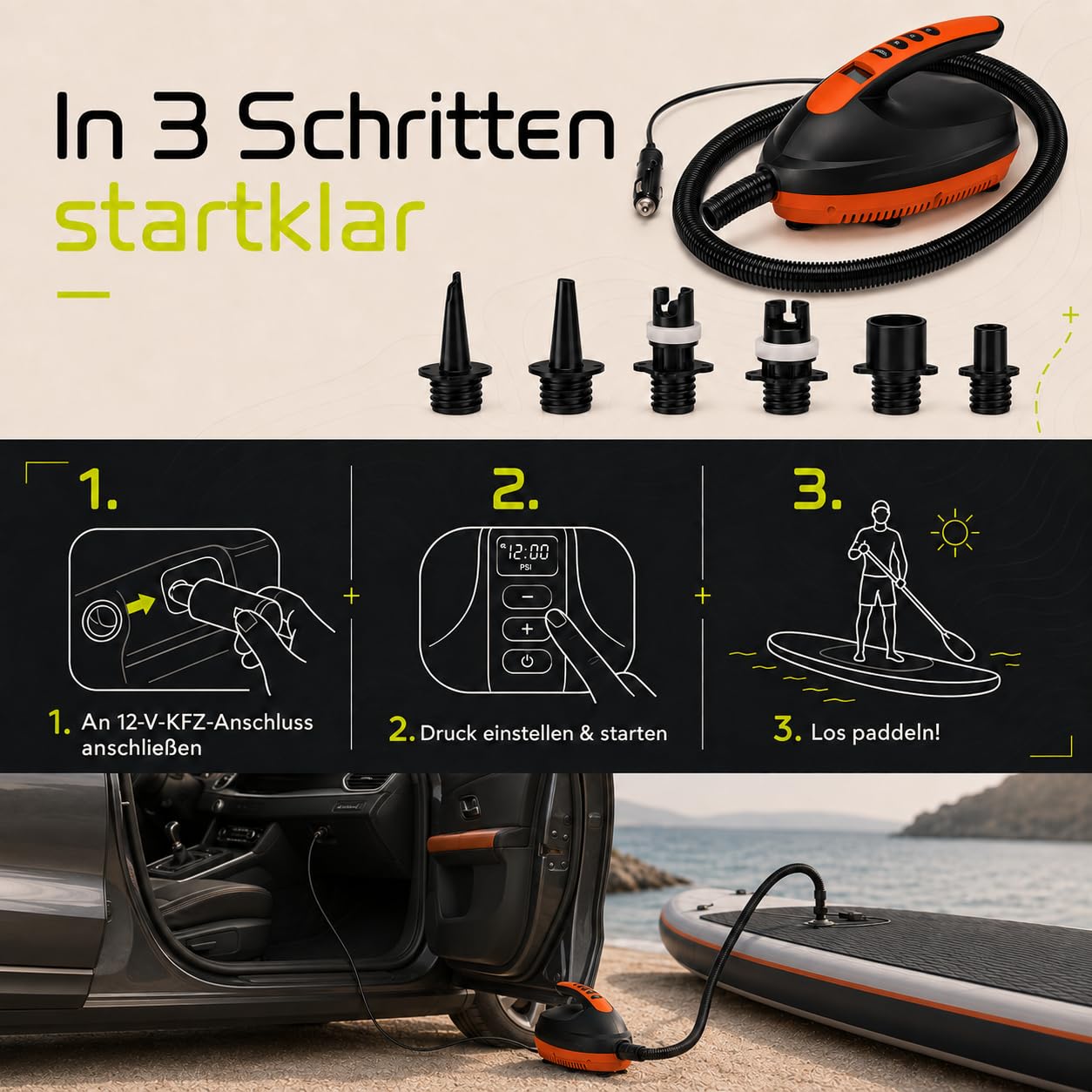 SkinStar Pompa elettrica SUP 20 PSI con display digitale, arresto automatico, collegamento 12 V, funzione di gonfiaggio e aspirazione, con 6 adattatori per SUP, kayak e gommoni