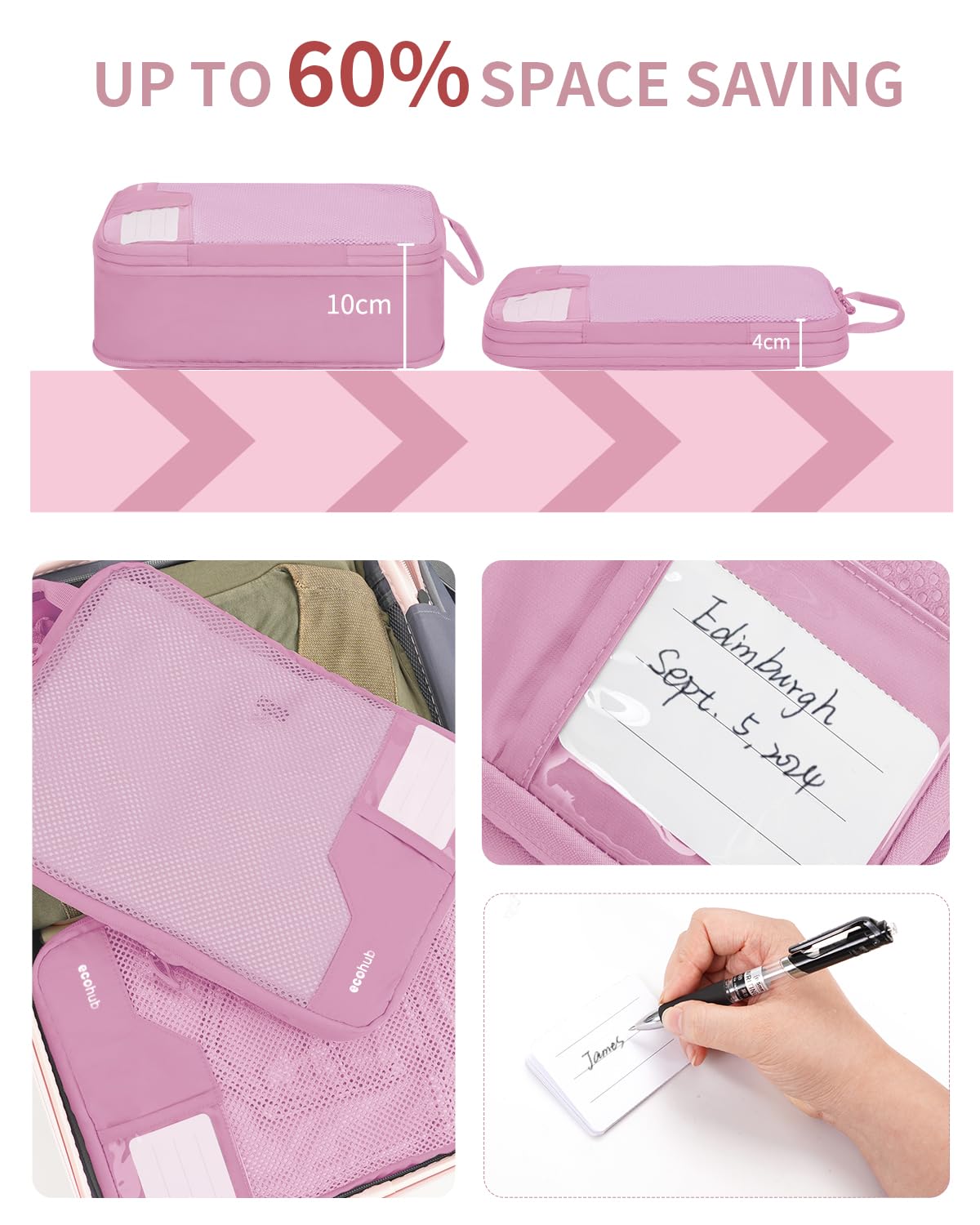 ECOHUB Kompresyjne Kostki do Pakowania 4 szt., Organizer do Walizki z ID Tag, Ekologiczne Packing Cubes, Wytrzymałe Torby Podróżne z Siatką, System Oszczędzający Miejsce(Różowy)