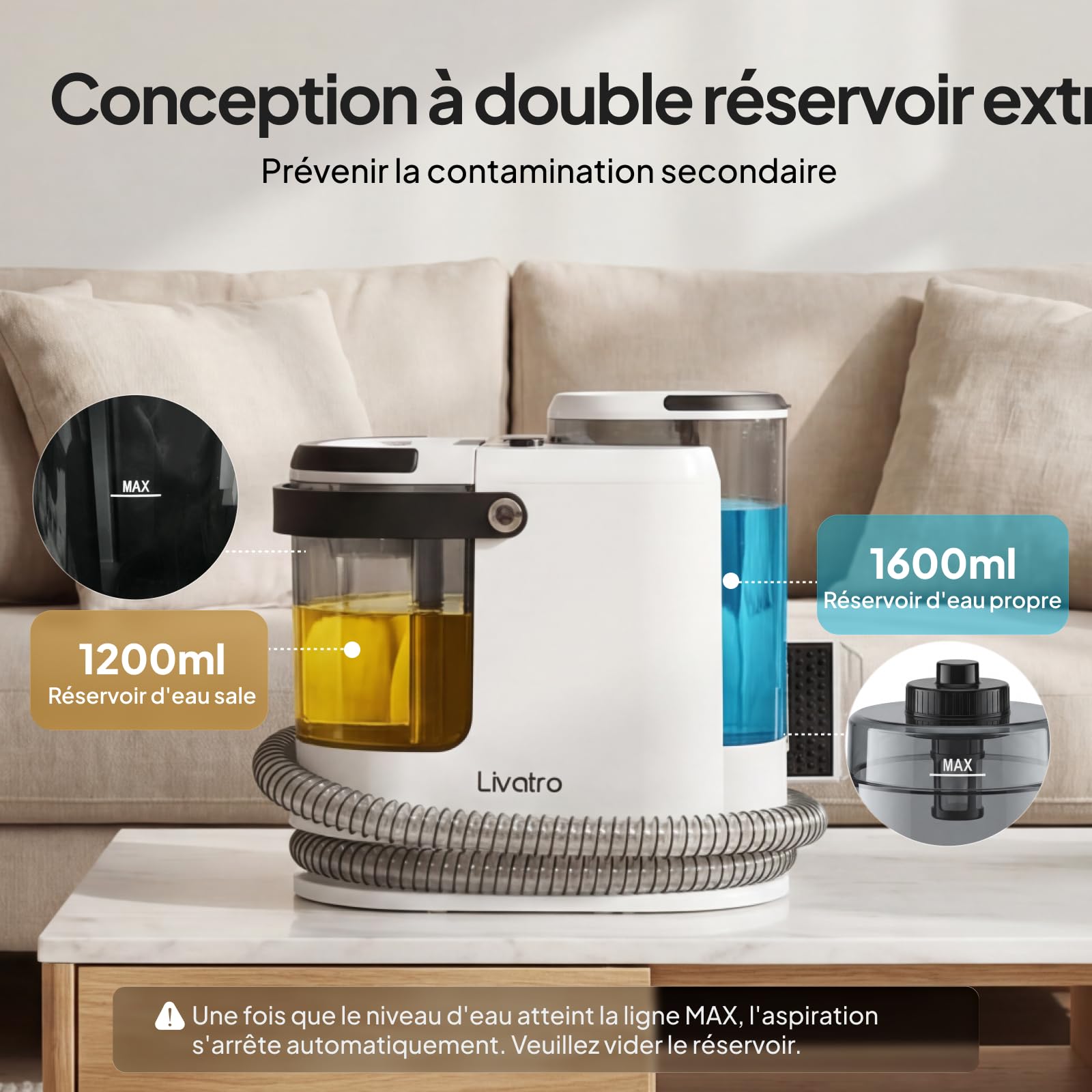 Livatro Shampouineuse Canapé, 1700W Nettoyeur Canapé Tissu, 15KPa Nettoyeur Vapeur Pour Canapé, Double Réservoir 1,6 L + 1,2 L, Fonction Autonettoyante,Injecteur Extracteur Pour Canape,Tissus,Voiture
