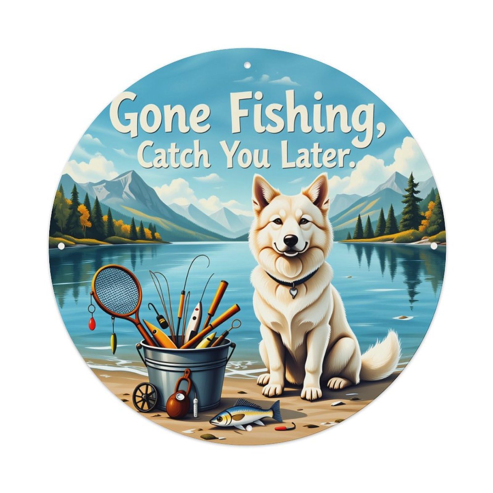 Lzwbntey Vintage Dog Fishing Lake Mountain Sky Metal Tin Sign Retro Wall Decor For Home Bar Garage Cafe, Indoor & Outdoor Decorative，Circle Metal Poster, 8X8 Inch