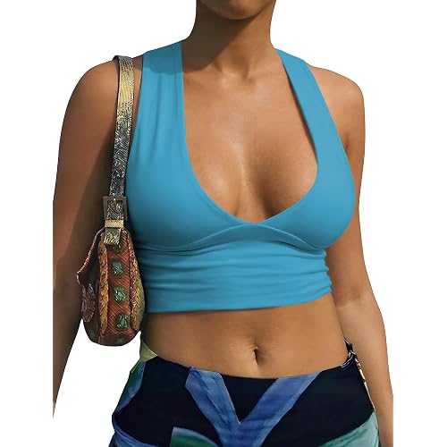 AEPEBO Sexy Crop Tops for Women Deep V Neck Back Cutout Racerback Tank Tops