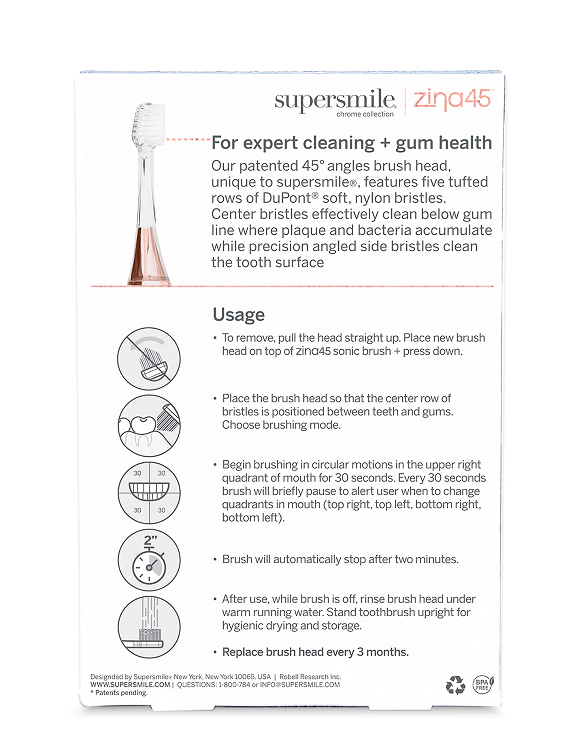 Supersmile Zina45 Cabezales de cepillo de repuesto para cepillo de dientes Sonic Pulse, oro rosa, 2 unidades (paquete de 1)