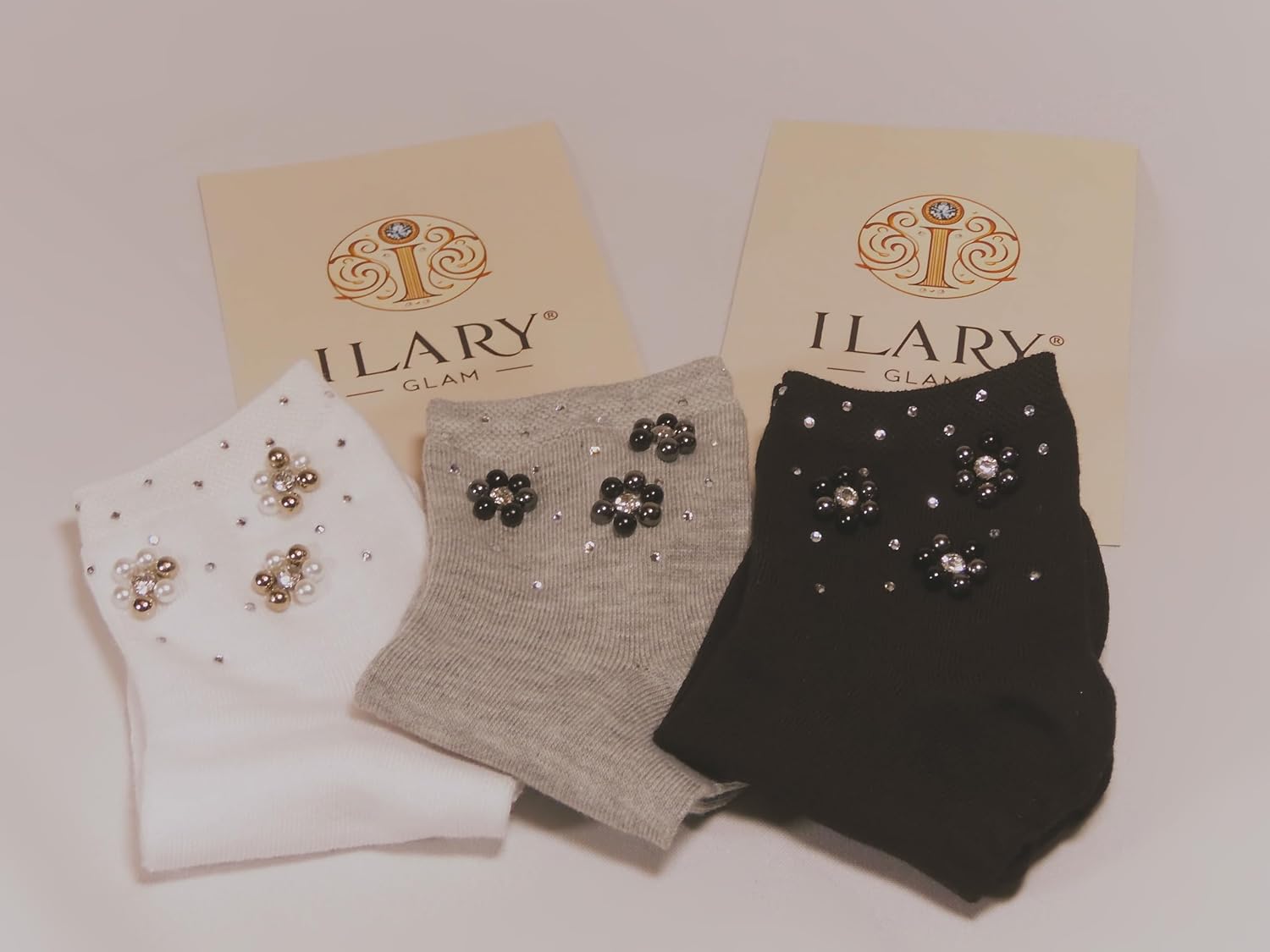 Gioia Socks - Elegant and Refined with Crystals, Decorative Pearls and Rhinestones, Ankle Socks in Cotton
