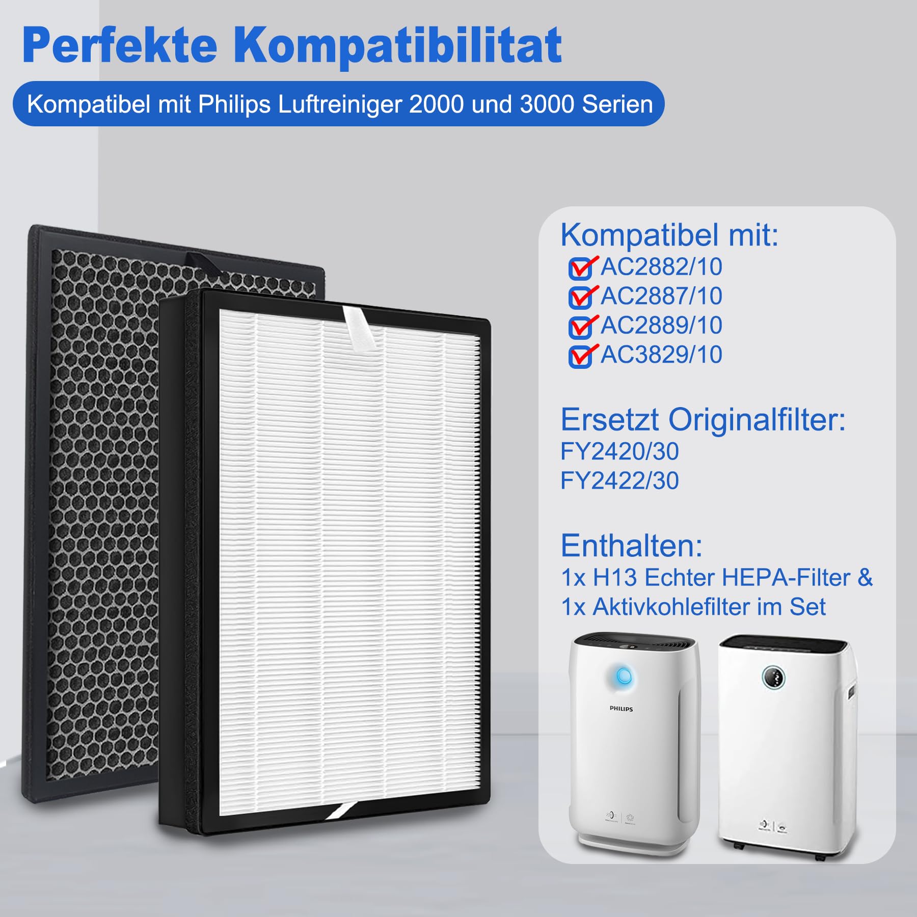 FY2420/30 filtr zamienny kompatybilny z Philips AC2882, AC2887, AC2889 & AC3829, seria 2000 i 3000, zamiennik filtra FY2422 i FY2420, łącznie z 1 filtrem HEPA, 1 filtrem z węglem aktywnym.