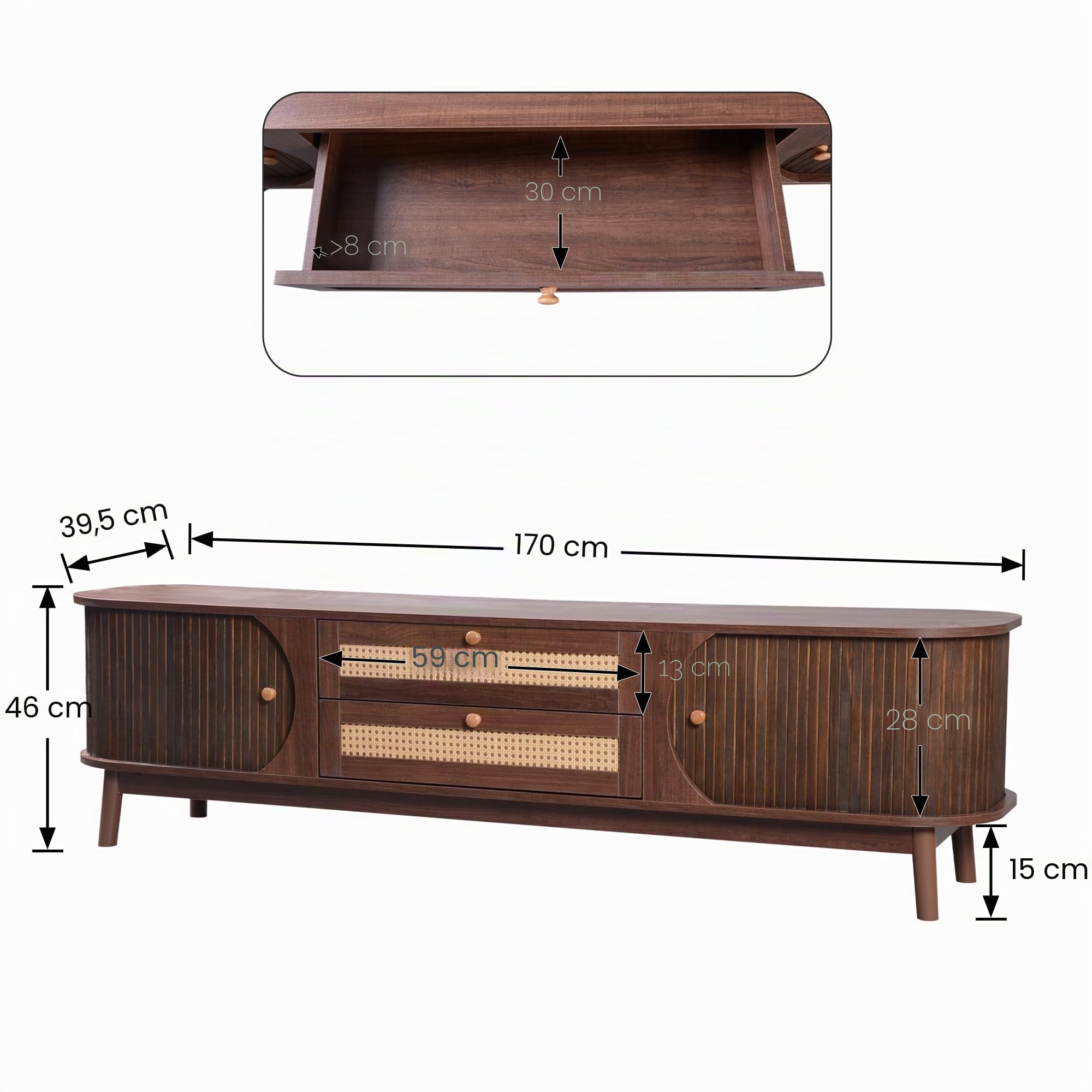 Mueble TV madera natural, puertas cajones, soporte ratán, almacenamiento, estilo rústico (170 x 39,5 x 46 cm, madera y amarillo)