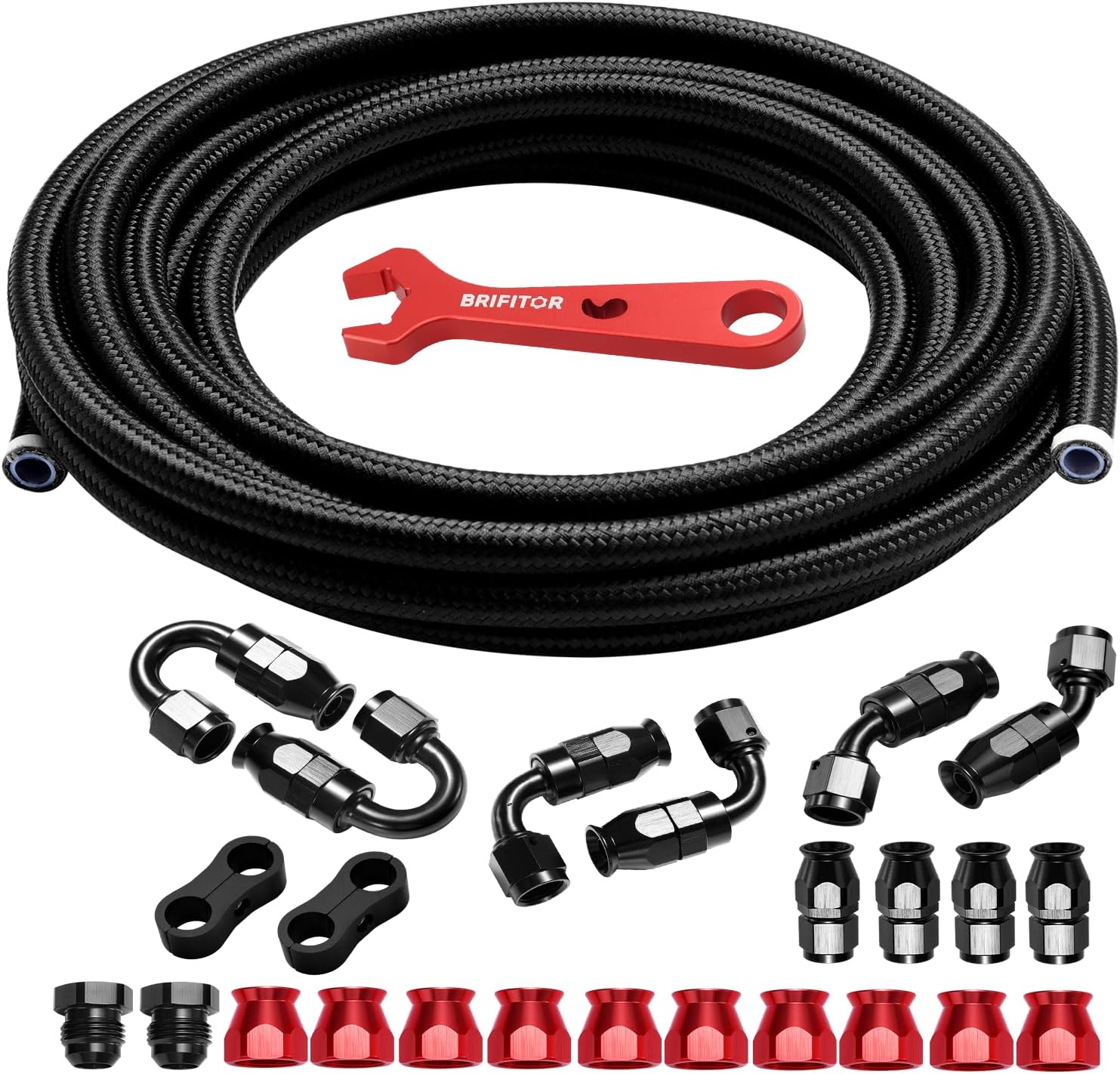 6AN PTFE Fuel Line Kit, 6AN 20FT E85 Nylon Braided PTFE Fuel Line Hose With AN6 Hose End Fitting & AN Fitting Wrench for LS Swap EFI System