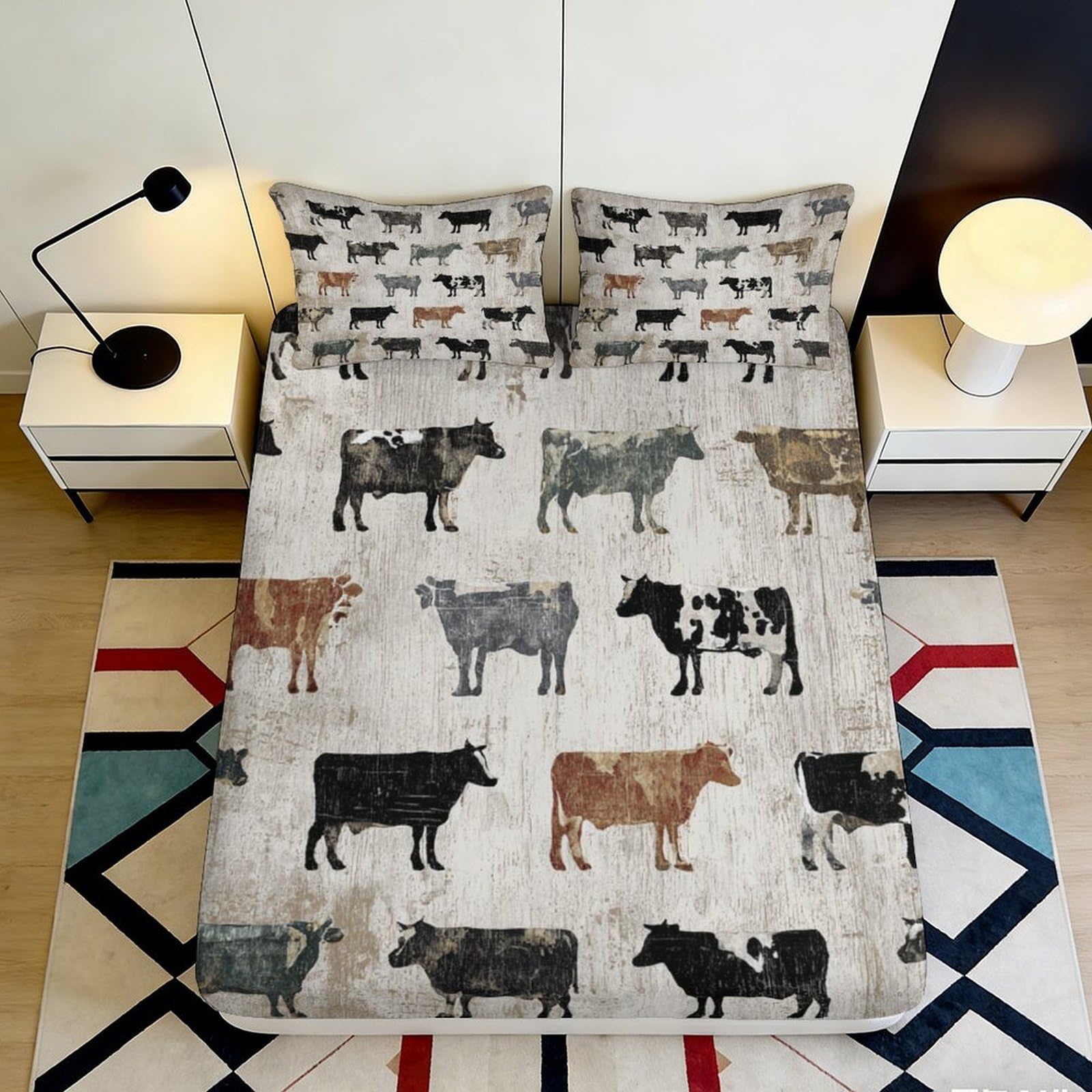 3D Printed Cow Farm Fitted Sheet Microfiber Soft Animal Pasture Bed Cover for Bedroom Guest Room Decor 90x200x25cm