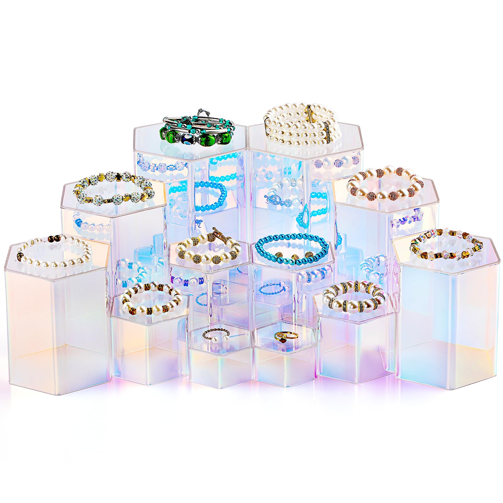Jetec 12 Stück Acryl-Display-Ständer, sechseckig, Schmuckständer, Parfüm, Schmuck, Vitrine, Acryl-Schmuck-Display für Sammlerfiguren, Schmuck-Display, 6 Größen (Regenbogenfarbe)