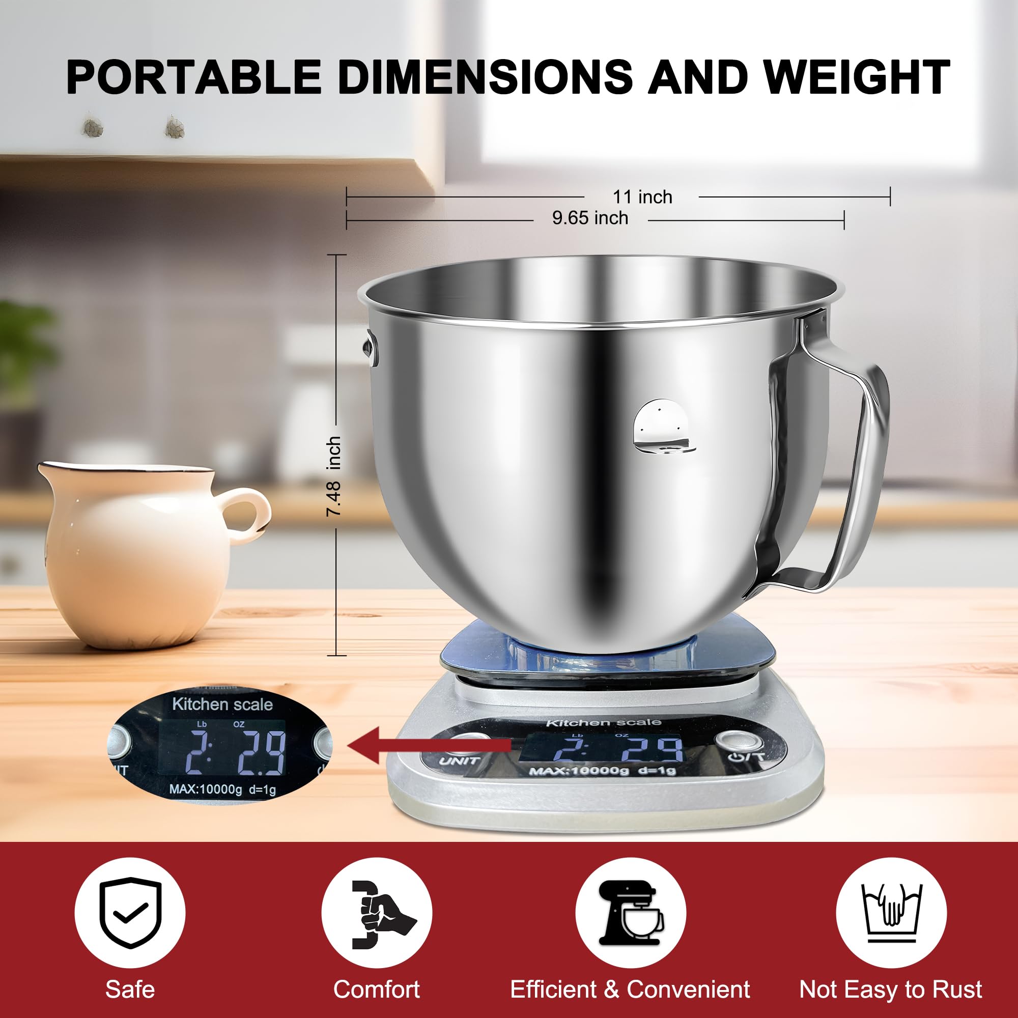 Cuenco mezclador de acero inoxidable de 7 cuartos para batidoras KitchenAid, cuenco de repuesto fuerte y duradero para KitchenAid con asa, apto para lavavajillas