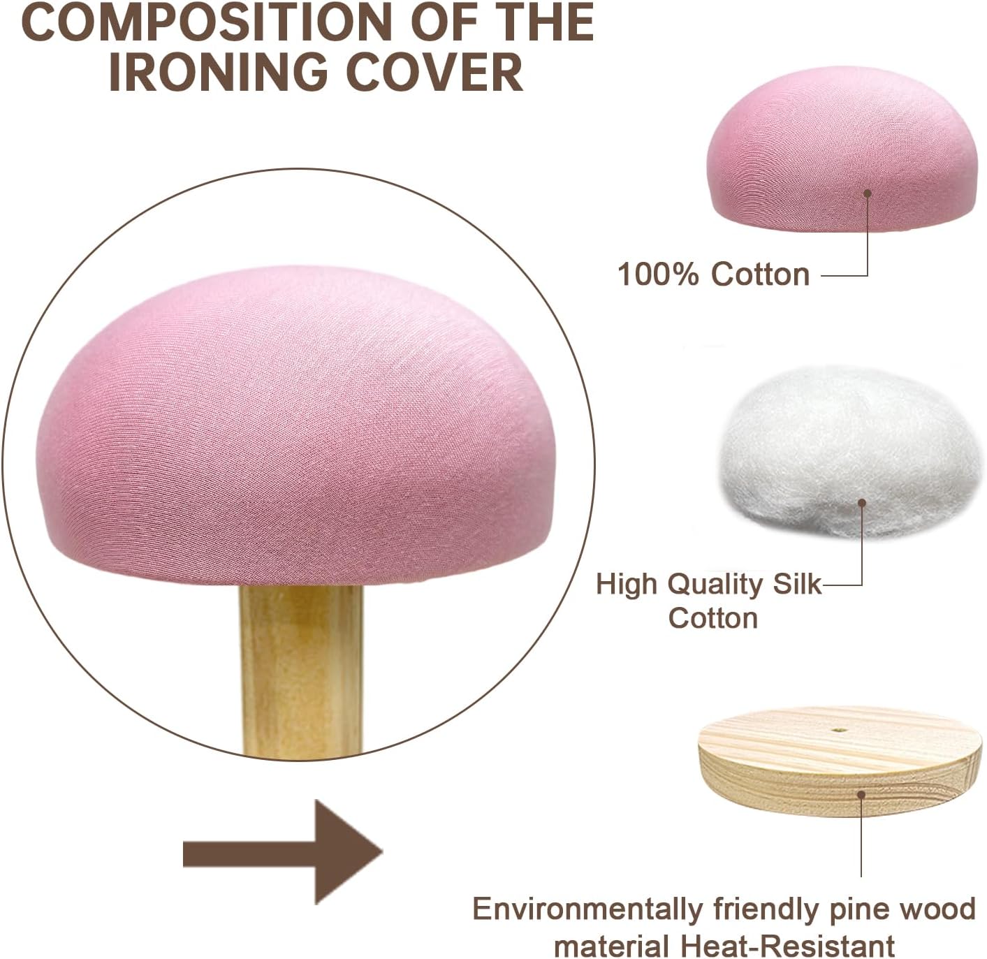 Bra Wooden Ironing Board, Mini Soft Padded Sleeve Pressing Board with Round Base, Tailor’s Hams with Removable Cotton Cover for Small Table Top Pressing Pad, Long-7.1 Inch, Pink
