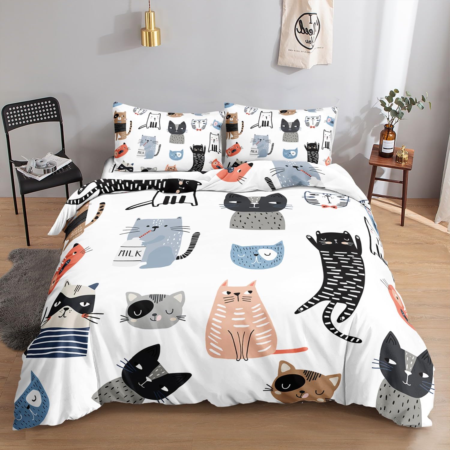 HOSIMA Bettwäsche-Set mit Cartoon-Katzen-Aufdruck für Erwachsene, Jungen und Mädchen - Bettbezug mit 2 Kissenbezügen (S)