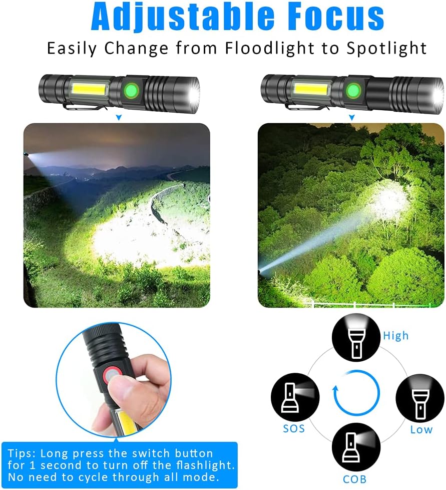 Rechargeable LED Flashlight, Waterproof Tactical Flashlights with COB Work Light, Zoomable, Super Bright Magnetic Flashlight Water Resistant, Small Pocket Flashlights for Camping, Emergencies, Hiking - - 
