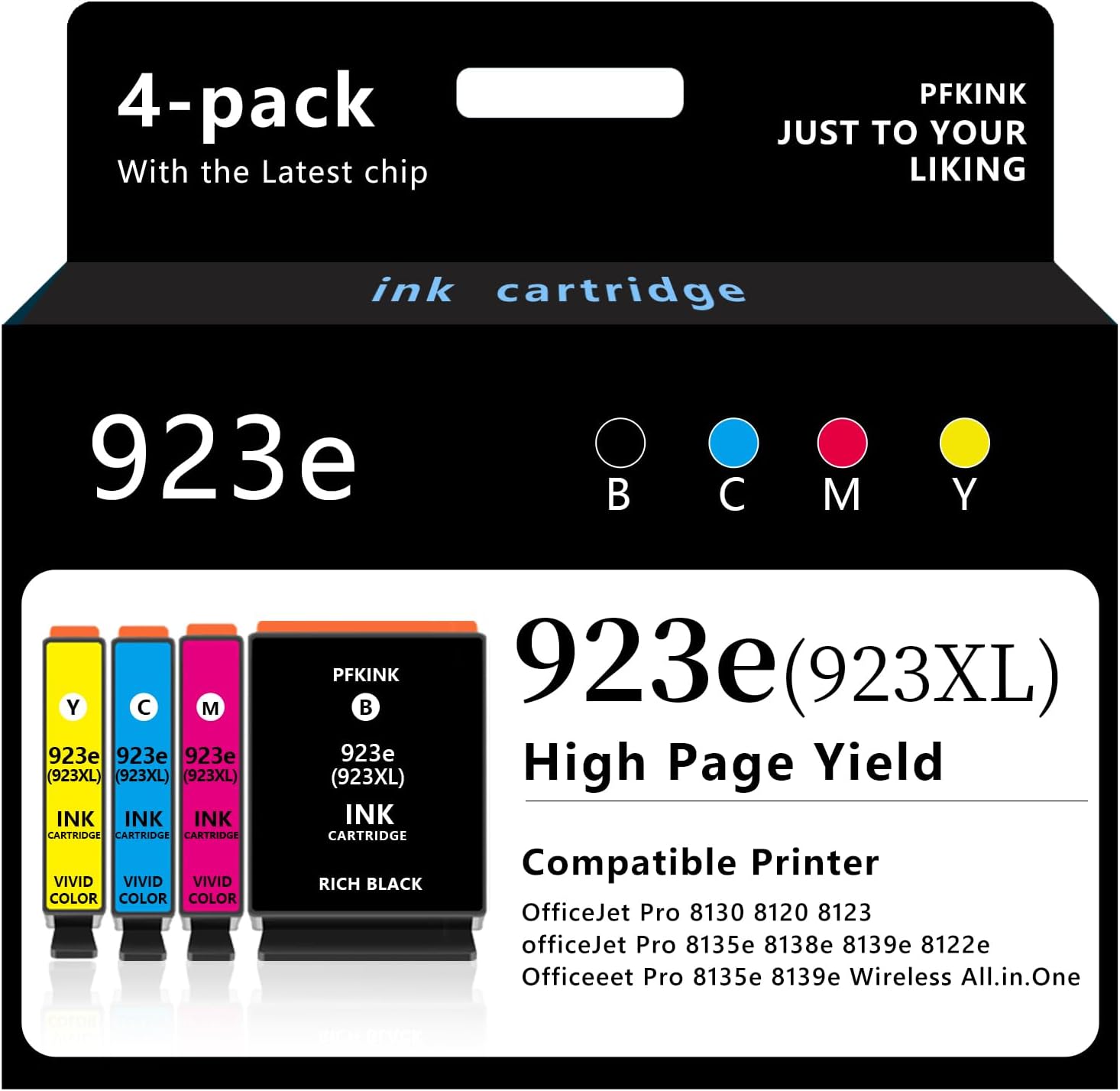 923e 923xl Ink Cartridges Combo 4-Pack with Chip Replacement for HP Ink 923e 923 for OfficeJet 8120e 8122e 8124e Pro 8135e 8138e 8139e 8130e 8132e