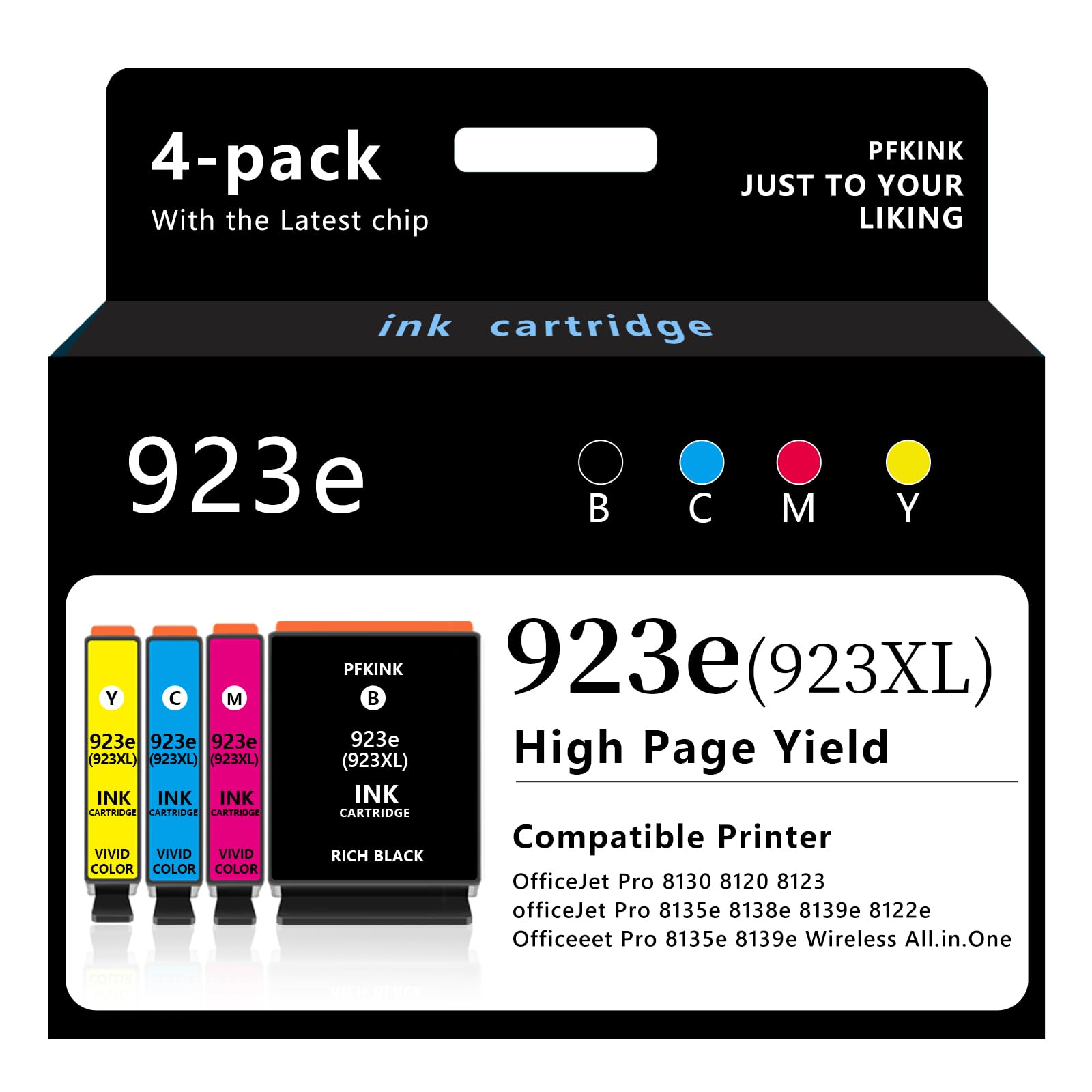 PFKink 923e 923xl Ink Cartridges Combo 4-Pack with Chip Replacement for HP Ink 923e 923 for OfficeJet 8120e 8122e 8124e Pro 8135e 8138e 8139e 8130e 8132e(4pack)