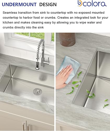 Miniatura 5 de Dcolora Fregadero de cocina empotrado de 32 pulgadas calibre 16 soldadura a mano de acero inoxidable 304 clásico cepillado grande fregadero de