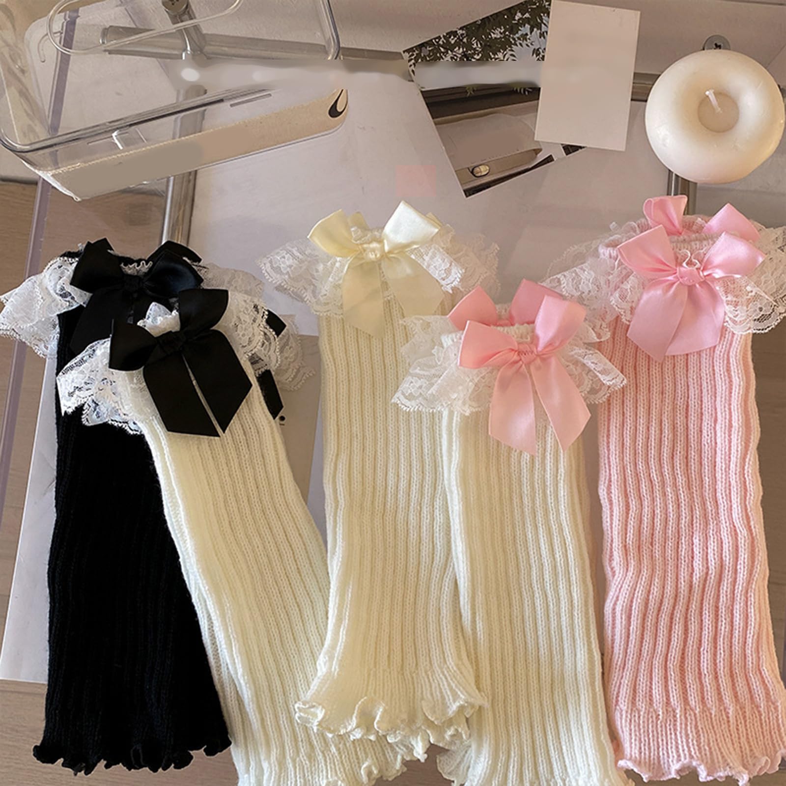 Scaldamuscoli fatti a mano all'uncinetto calzini con fiocco in pizzo per bambina calzini morbidi traspiranti caldi leggings dolci coprigambe