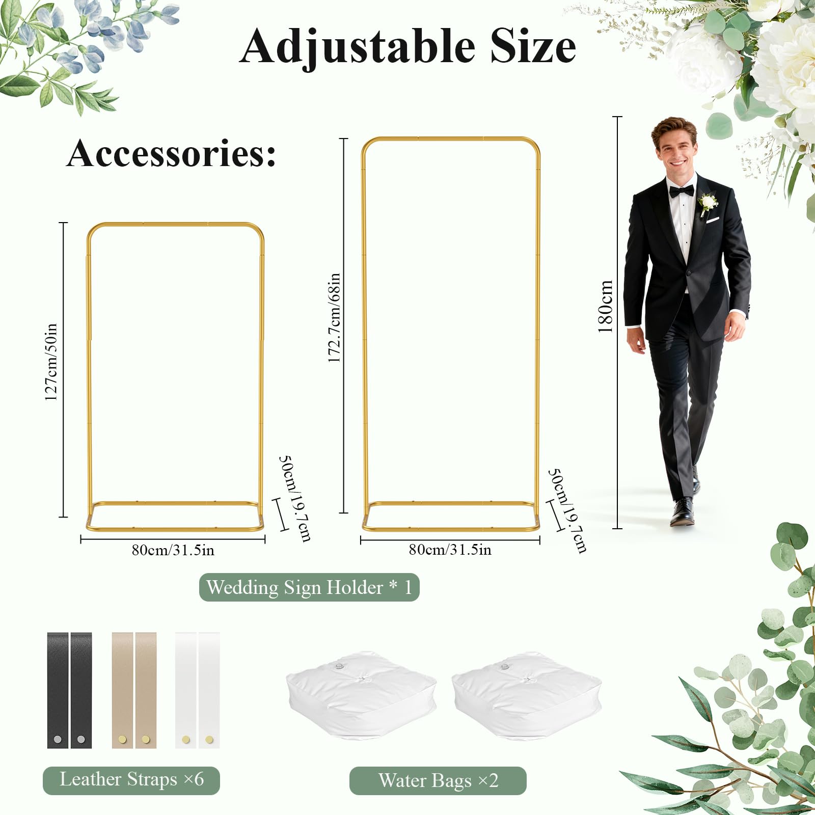 Chevalet Mariage Réglable 1.7M, Support de Panneau Bienvenue de Mariage avec 2 Sacs d'Eau en Forme de U et 6 Sangles en Cuir, pour Mariages, Anniversaires et Fêtes