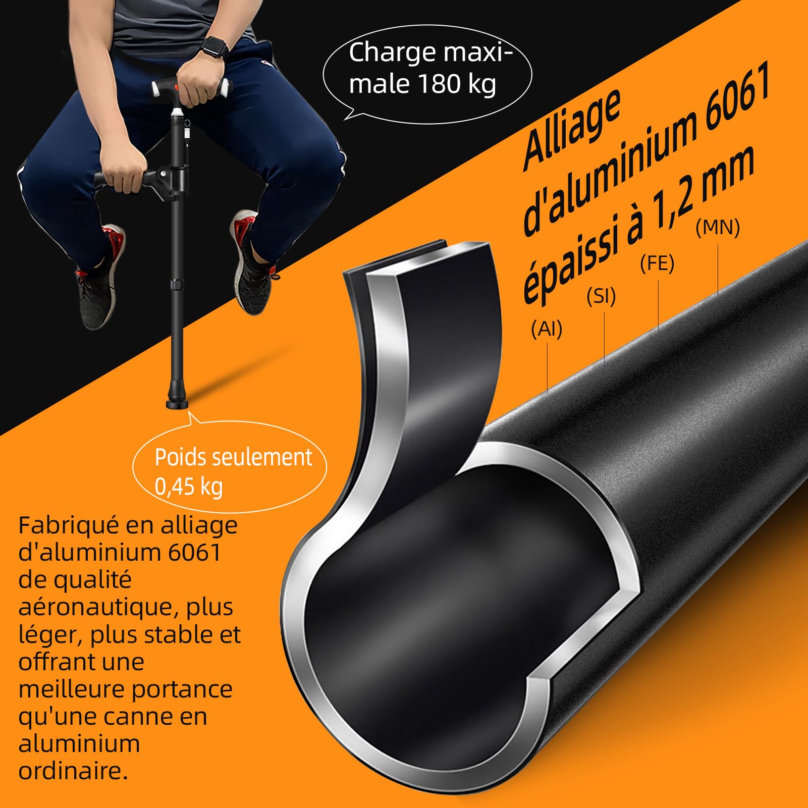 Canne réglable pour homme et femme - Double poignée - Canne réglable avec lumière LED - Bâton de marche pour personnes âgées et personnes souffrant d'arthrite