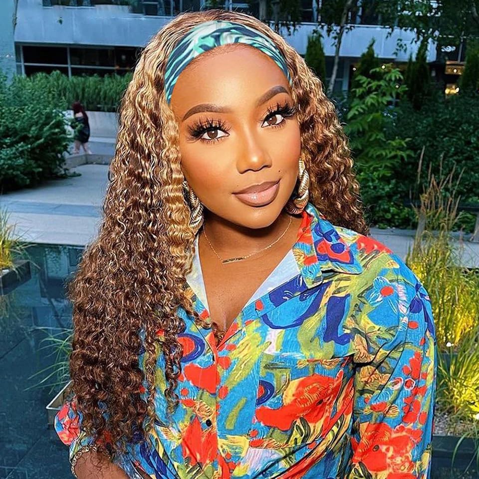 Image of XSY Deep Wave Headband Wig Human Hair Highlight Ombre Headband Wigs for Black Women Curly Headband Wig 4 /27# 150% Density 24 Inch