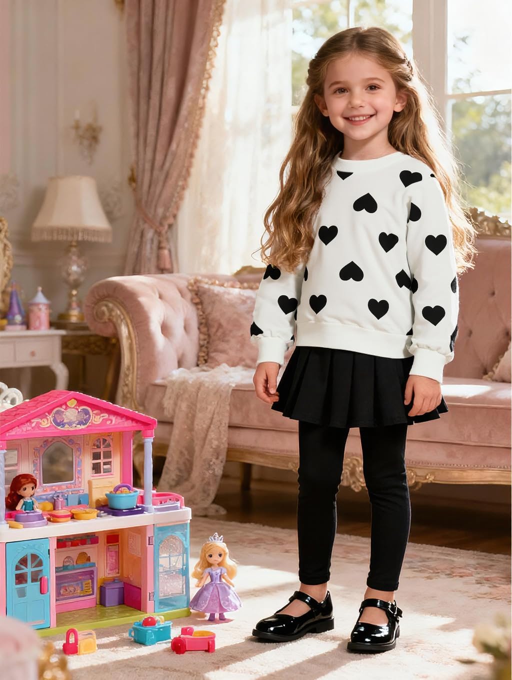 DDSOL Toddler Girl Clothes Set Valentine Day Outfit Pink Red Love Heart Sweatshirt Top Legging Pant Skirt Kid Fall Clothing - Image 2