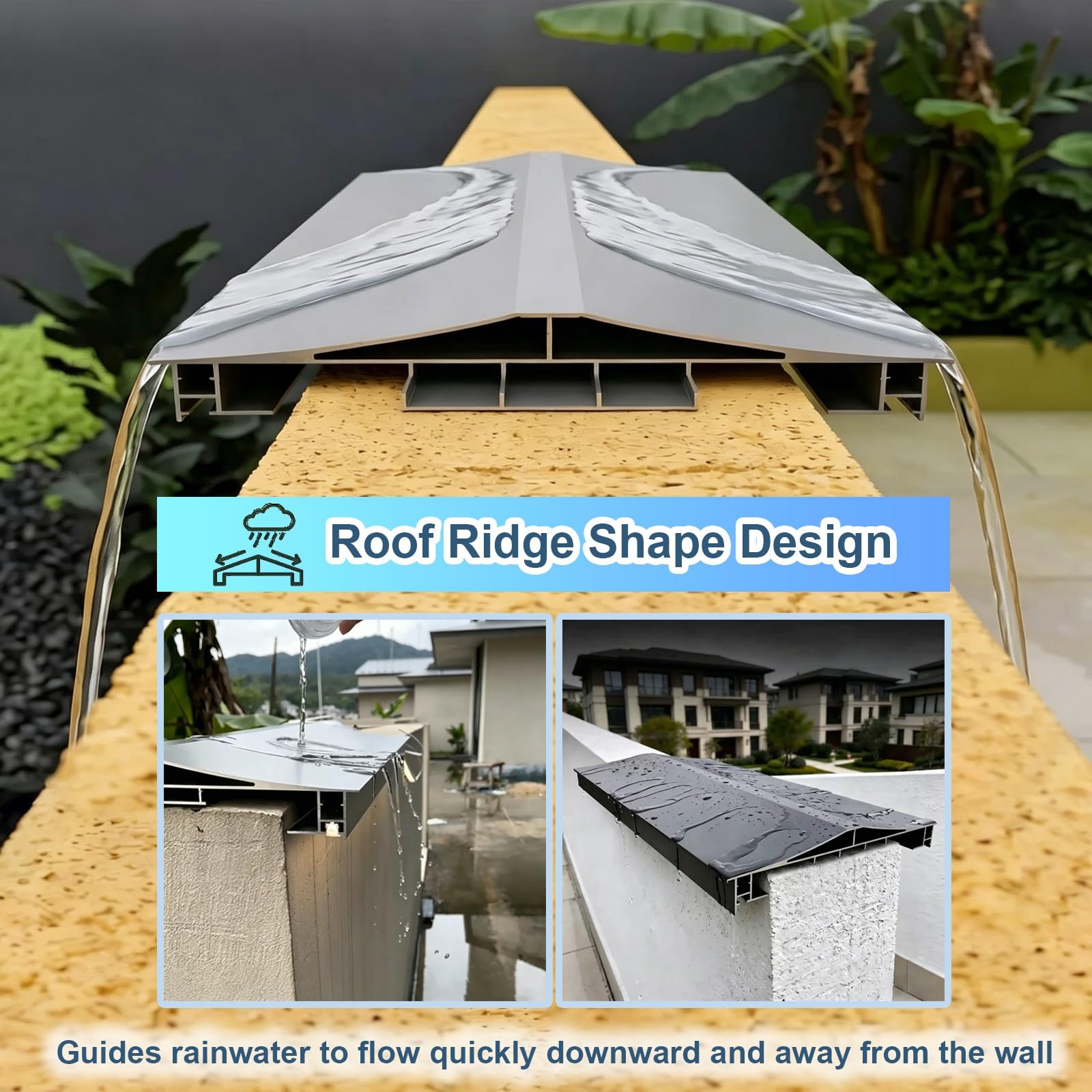Regenschutz for Brüstungswände aus Aluminium – zuschneidbare Akzentkappe for die Gartenmauer mit LED-Lichtleistenkanälen – langlebig, wetterbeständig(268-316mm,3.1ft)